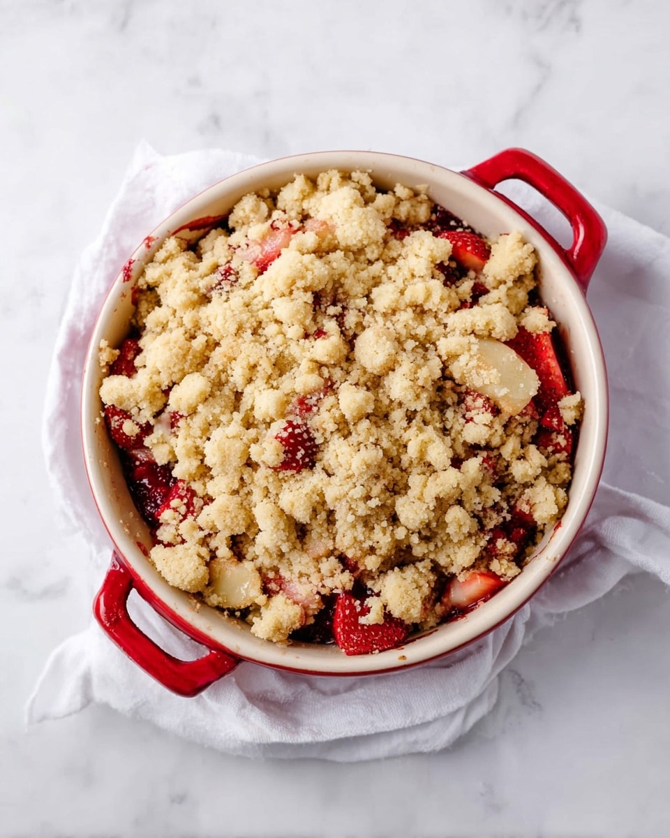 The image shows a red ceramic bowl with white inside, filled with a dessert that has two main layers visible. The bottom layer is a soft, light pink fruit mixture, and the top layer is a thick, crumbly golden-brown topping that looks crunchy. On top of the crumble, there is a shiny, smooth, pale yellow sauce poured over part of it, creating a contrast with the crumbly texture. A spoon is inside the bowl, partly buried in the dessert, and a bright red strawberry with green leaves sits on the white marbled surface beside the bowl, with some crumbs scattered around. Photo taken with an iphone --ar 4:5 --v 7