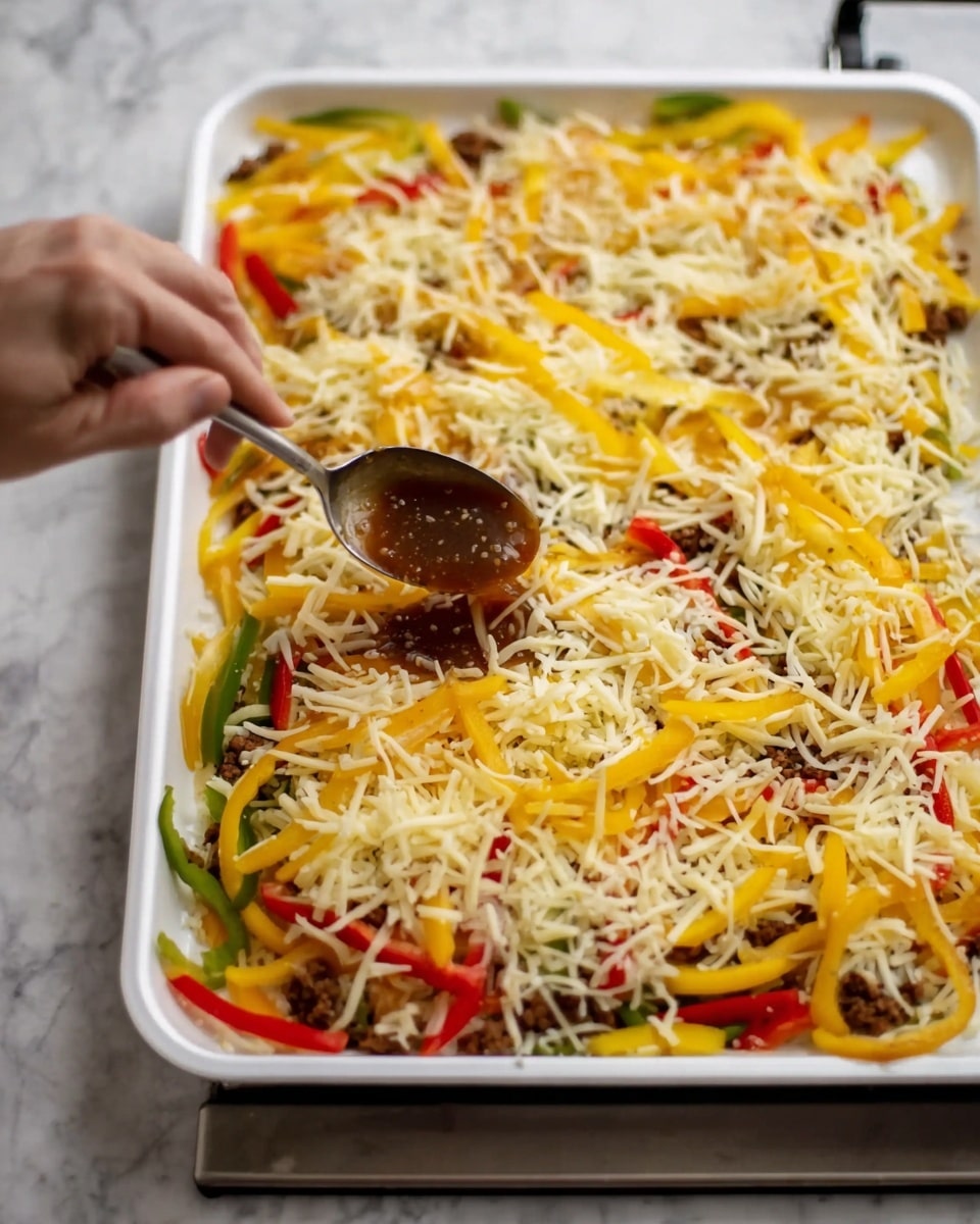 A close-up view of a baking tray filled with a dish that has multiple layers. The base layer is covered with thin yellow pasta strands spread evenly. On top, there are scattered vibrant strips of red, yellow, and green bell peppers giving bright pops of color. Small chunks of brown meat are placed sporadically across the dish. A woman's hand is seen holding a spoon dripping dark brown sauce onto the top layer of the peppers and pasta. The tray is positioned on a stovetop with a white marbled surface nearby. Photo taken with an iphone --ar 4:5 --v 7