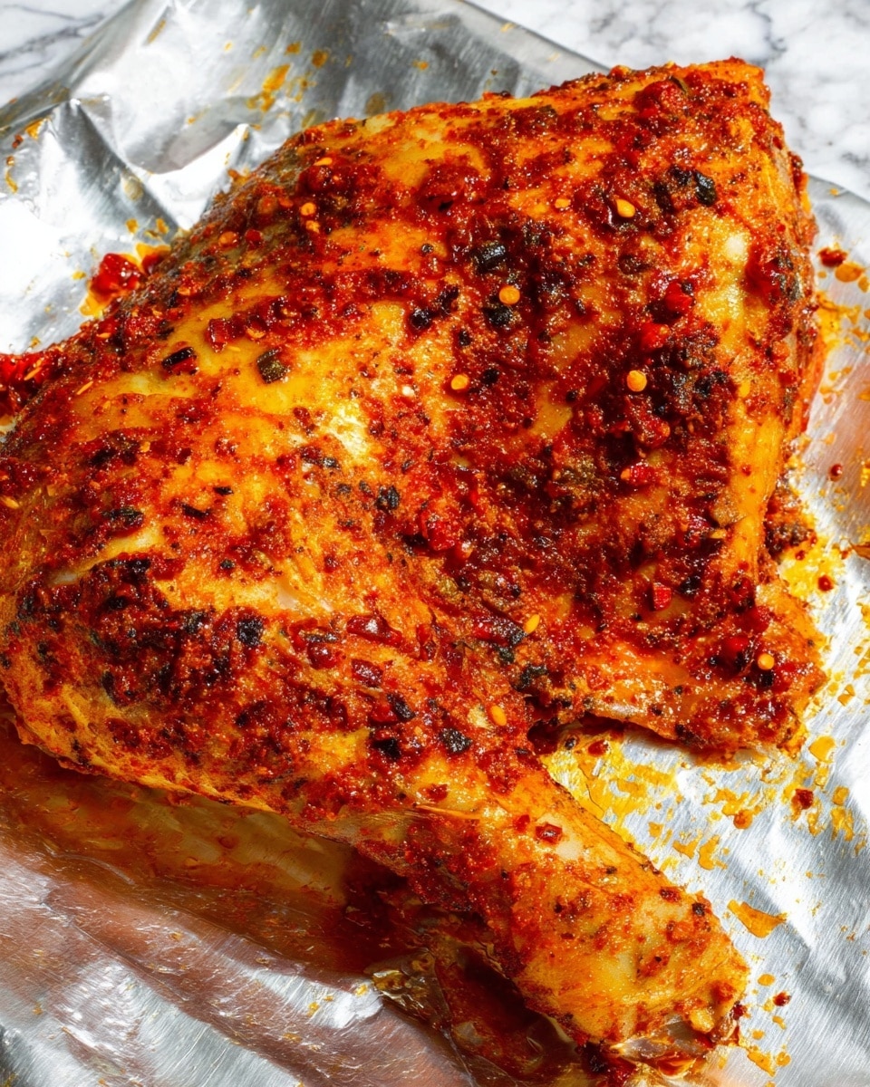 The image shows a large piece of cooked chicken leg quarter, seasoned with a deep red sauce containing visible red chili flakes and spices spread unevenly across the skin. The chicken skin has a golden-brown color with darker charred spots, giving it a crispy texture. The piece lies on a shiny silver foil, which reflects some of the warm tones from the sauce. The background underneath the foil is a white marbled surface. The photo taken with an iphone --ar 4:5 --v 7