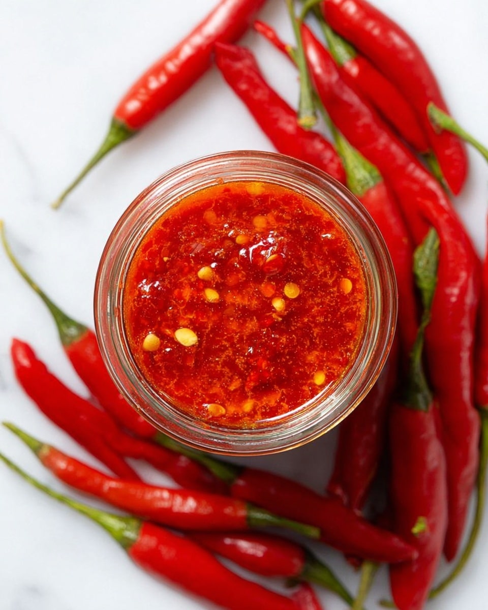 A clear glass jar filled with bright red chili sauce that has a slightly chunky texture with visible small bits and yellow chili seeds. The jar is placed directly on a white marbled surface, surrounded by fresh whole red chili peppers with smooth skins and green stems, arranged loosely around it. The background is clean and bright, emphasizing the vibrant colors of the chili sauce and peppers. photo taken with an iphone --ar 4:5 --v 7