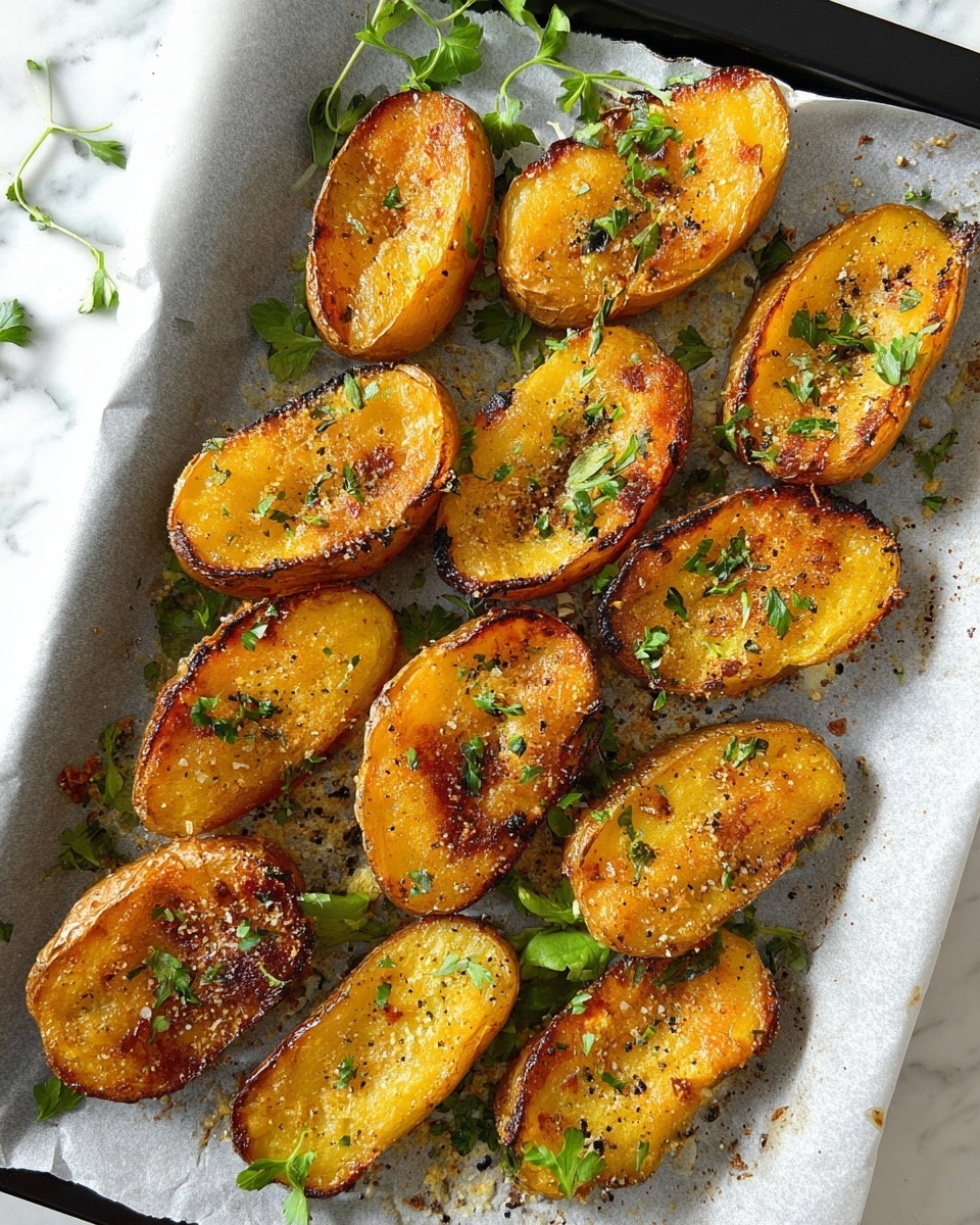 The image shows a baking tray lined with parchment paper holding twelve golden-brown roasted potato halves arranged in neat rows. Each potato half has a slightly crispy, caramelized surface with some charring at the edges. The potatoes are seasoned with coarse salt, black pepper, and topped with finely chopped fresh green herbs scattered across the tray. There are a few small sprigs of herbs placed around the potatoes on the white marbled surface surrounding the tray. photo taken with an iphone --ar 4:5 --v 7