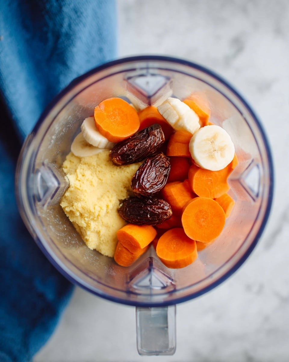 A clear glass filled with a thick orange smoothie, topped with a small pile of shredded bright orange carrot pieces at the center, and white flakes falling onto the carrot from above. The glass is placed on a white marbled surface with a few orange carrot slices, a dark blue cloth on the left side, and two brown cinnamon sticks blurred in the background on the right. The photo is softly lit with a light blue and white background, creating a fresh and clean look. photo taken with an iphone --ar 4:5 --v 7