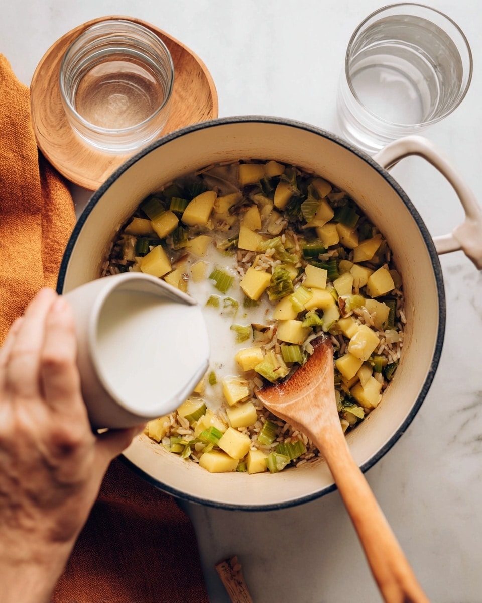 Inside a white pot with a dark rim, there is a mix of diced yellow potatoes, chopped green celery, and bits of light brown rice. A woman's hand is pouring a white creamy liquid from a small white cup into the center of the mixture. A wooden spoon lies inside the pot among the ingredients. The pot sits on a white marbled surface, with a clear glass of water on a wooden tray and an orange cloth napkin nearby. photo taken with an iphone --ar 4:5 --v 7