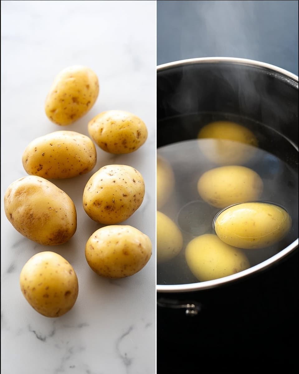 The image shows two parts side by side. On the left, there are eight small yellow potatoes with smooth skin arranged loosely on a white marbled surface, showing natural spots and dimples on their skin. On the right, four of the same yellow potatoes are floating in simmering water inside a pot with steam rising, creating a light mist above the pot. The pot is black with a reflective surface, and the water around the potatoes shines softly. The background is a white marbled texture. photo taken with an iphone --ar 4:5 --v 7