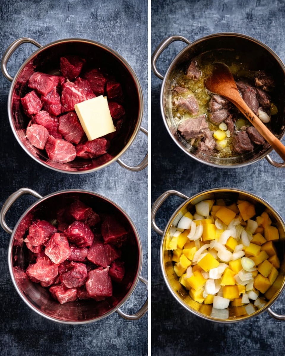 The image shows two photos side by side featuring a large metal pot on a white marbled surface. On the left, the pot is filled with chopped colorful vegetables including green peppers, red peppers, orange carrots, white onions, mushrooms, and chunks of meat. A woman's hand holds a small glass bowl of red tomato sauce above the pot, about to pour it in. On the right, the pot now holds a thick stew with a rich red sauce and visible pieces of yellow and orange vegetables, chunks of meat, and fresh thyme on top. A white cloth with red stripes lies to the side under the pot. Photo taken with an iphone --ar 4:5 --v 7