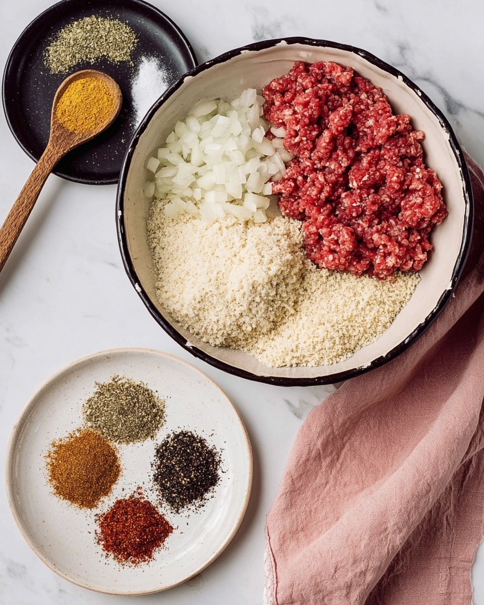 A white bowl with black trim holds four main layers arranged separately: raw ground red meat on the top right, finely chopped white onions on the left, a small pile of minced white garlic above a large heap of beige breadcrumbs on the bottom right. Next to the bowl, there is a black plate with three piles of spices (one green, one yellowish, and one salt) and a wooden spoon filled with a yellow spice. Below that, a white plate displays four different spice piles arranged in a circle – red, black, brown, and green. To the right of the plates is a folded pink cloth. All are placed on a white marbled surface. Photo taken with an iphone --ar 4:5 --v 7