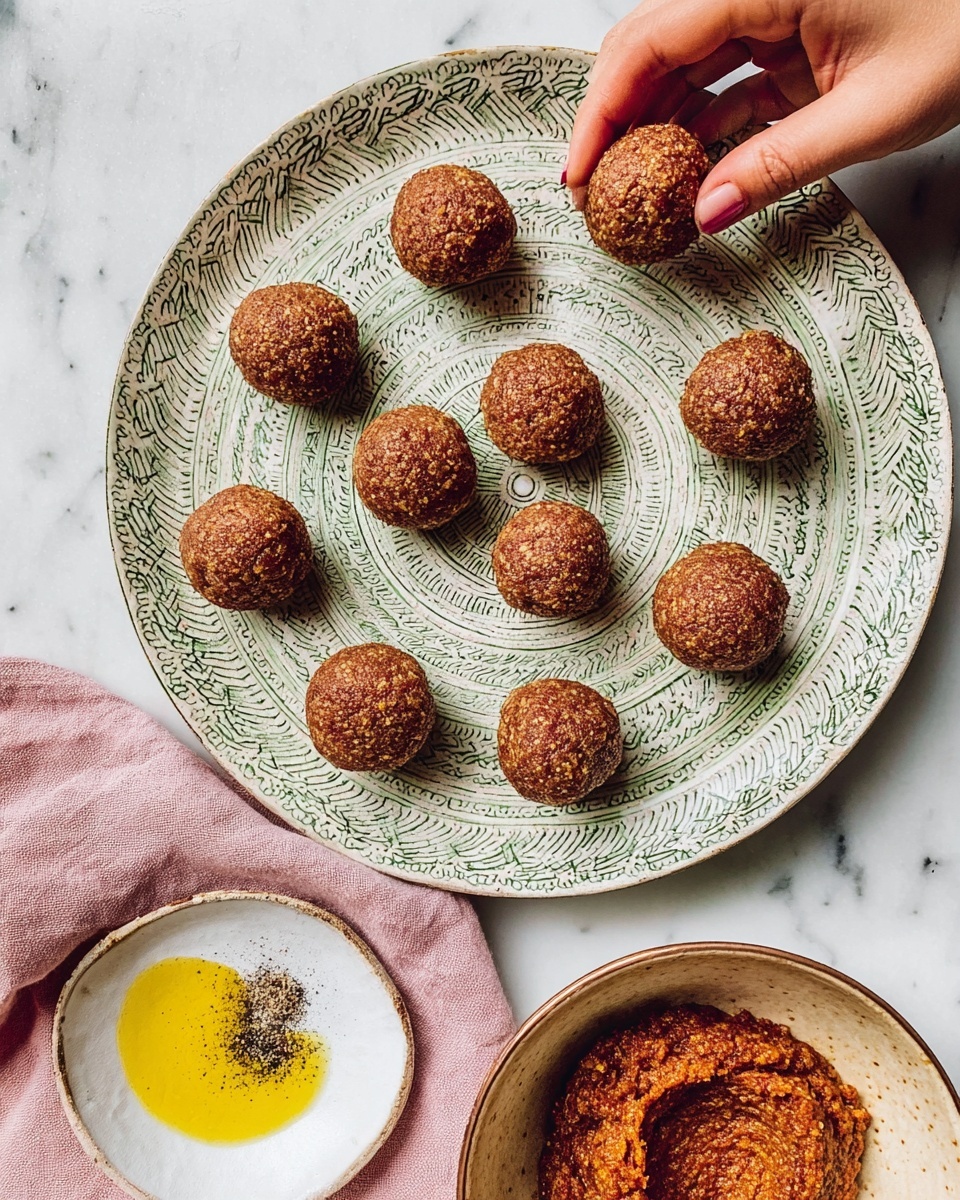 A round dark plate holds a flat bread base topped with eight browned meat patties arranged in a circle. Around the patties, there are thin slices of purple-red onion scattered mainly on the upper and lower left edges. On the right side of the plate, a bright salad rests, composed of white beans, chopped green peppers, tomato wedges, and slivers of red onion. A lemon wedge is placed near the bottom right edge of the plate. The plate sits on a white marbled surface with a woman's hand reaching from the bottom left, partly visible. Nearby, there is a small white bowl with a thick red sauce containing chopped green peppers and a small round foil bowl with white yogurt sauce drizzled with yellow oil and sprinkled with red spices, accompanied by a spoon. Photo taken with an iphone --ar 4:5 --v 7