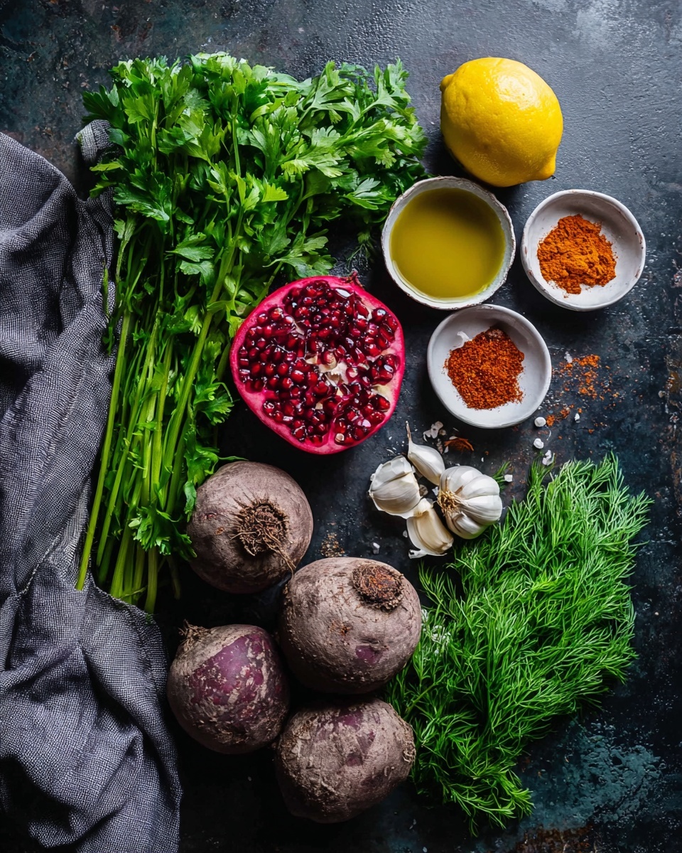 The image shows several fresh ingredients on a dark surface with a gray cloth on the left side. There are five round, earthy purple beets with rough skin, placed near the bottom center. Above them, a half pomegranate reveals bright red seeds. Around these are small white bowls containing orange-red spice, coarse salt, golden olive oil, and a small garlic clove. To the left side, a bunch of fresh bright green parsley leaves with long stems is placed vertically. On the right side, a bunch of delicate green dill rests horizontally, and a single large yellow lemon sits near the top center. The whole arrangement is neat and colorful, with a natural, fresh look. photo taken with an iphone --ar 4:5 --v 7