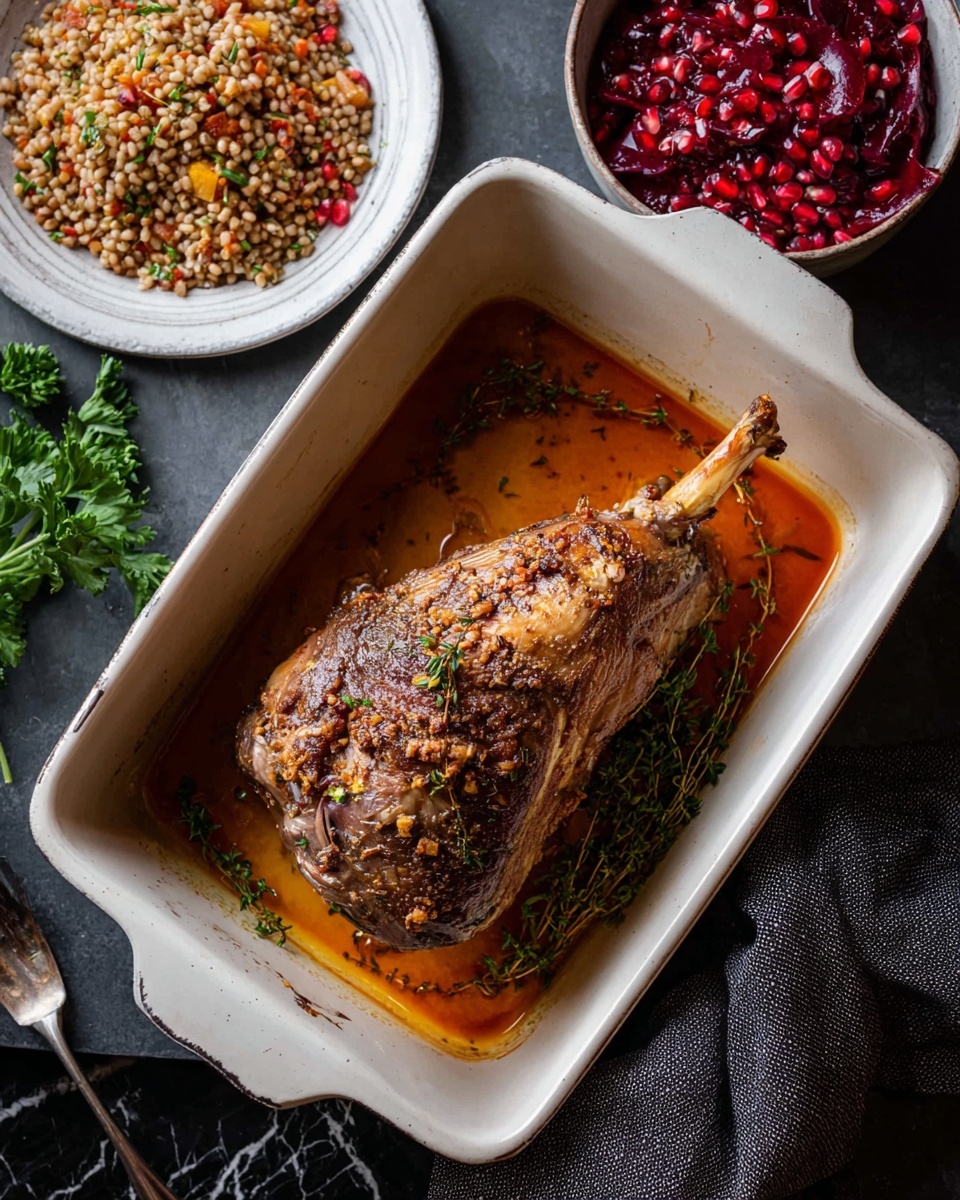A white oval plate sits on a white marbled surface, filled with a layered dish. The base layer is a mix of cooked rice with small pine nuts and scattered bright red pomegranate seeds, dotted with tiny green herb pieces. On top, there are three large pieces of roasted meat, brown and crispy with hints of herbs like sprigs of fresh thyme placed on and around the meat. Around the plate, there are scattered fresh parsley leaves and half-open pomegranate fruits revealing deep red seeds. A dark gray cloth rests beside the plate. Photo taken with an iphone --ar 4:5 --v 7