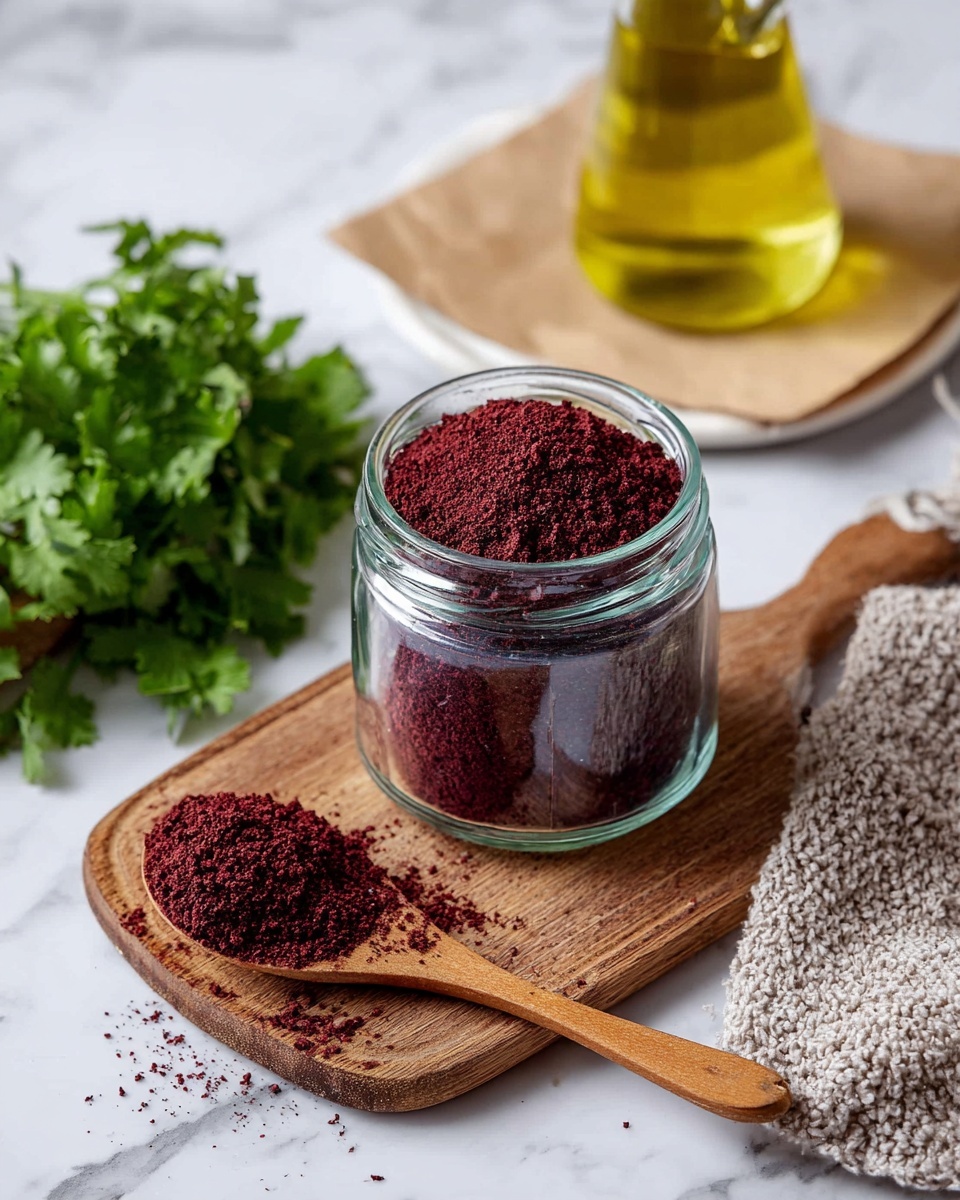 A clear glass jar sits on a wooden board placed on a white marbled surface, filled to the top with a deep red, coarse powder. Next to the jar, a wooden spoon holds some of the same red powder, with a small pile spilling over onto the surface. Behind the jar on the white marbled texture, there is a bunch of fresh green herbs resting on a brown paper sheet and a bottle of yellow oil with a white coaster underneath. A textured light beige cloth is placed at the bottom right corner of the image. photo taken with an iphone --ar 4:5 --v 7