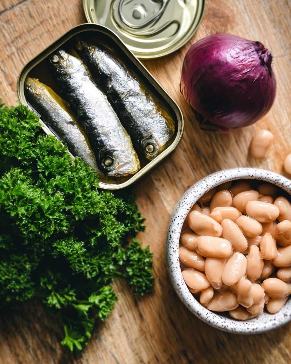 The image shows a close-up of a white speckled bowl filled with light beige beans, placed on a wooden surface next to a bunch of fresh green parsley. To the left of the bowl, there is an open tin can with three shiny silver sardines in golden oil inside. Above the tin can, a whole purple onion is placed. The colors in the image are natural and vibrant, with the shiny silver fish contrasting against the earthy tones of the beans and green parsley. photo taken with an iphone --ar 4:5 --v 7