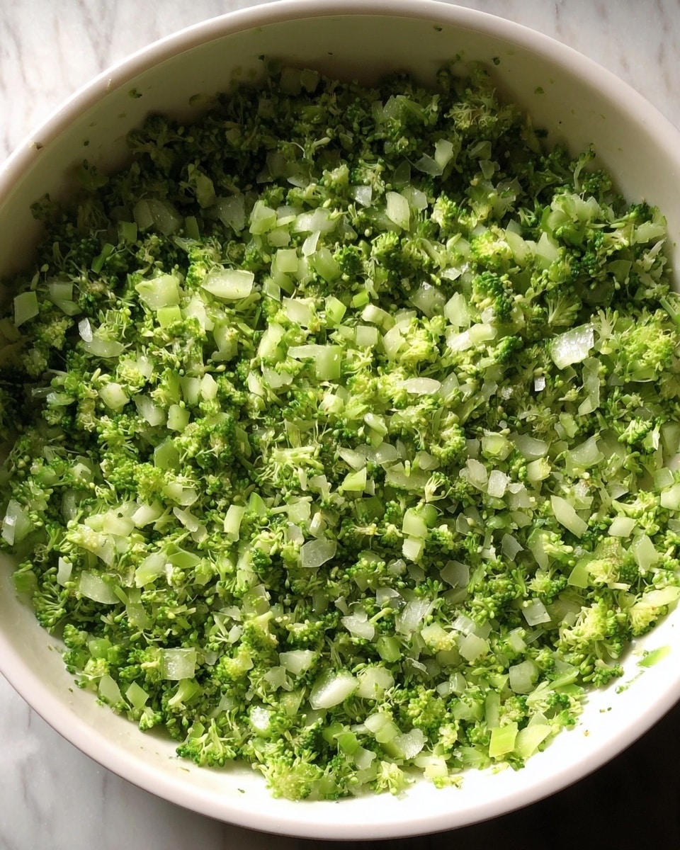 A close-up of a white bowl filled with finely chopped broccoli mixed with small pieces of onion. The broccoli is bright green with a slightly soft texture, while the onion pieces are translucent and white. The mixture looks fresh and lightly cooked, spread evenly across the bowl against a white marbled surface. photo taken with an iphone --ar 4:5 --v 7
