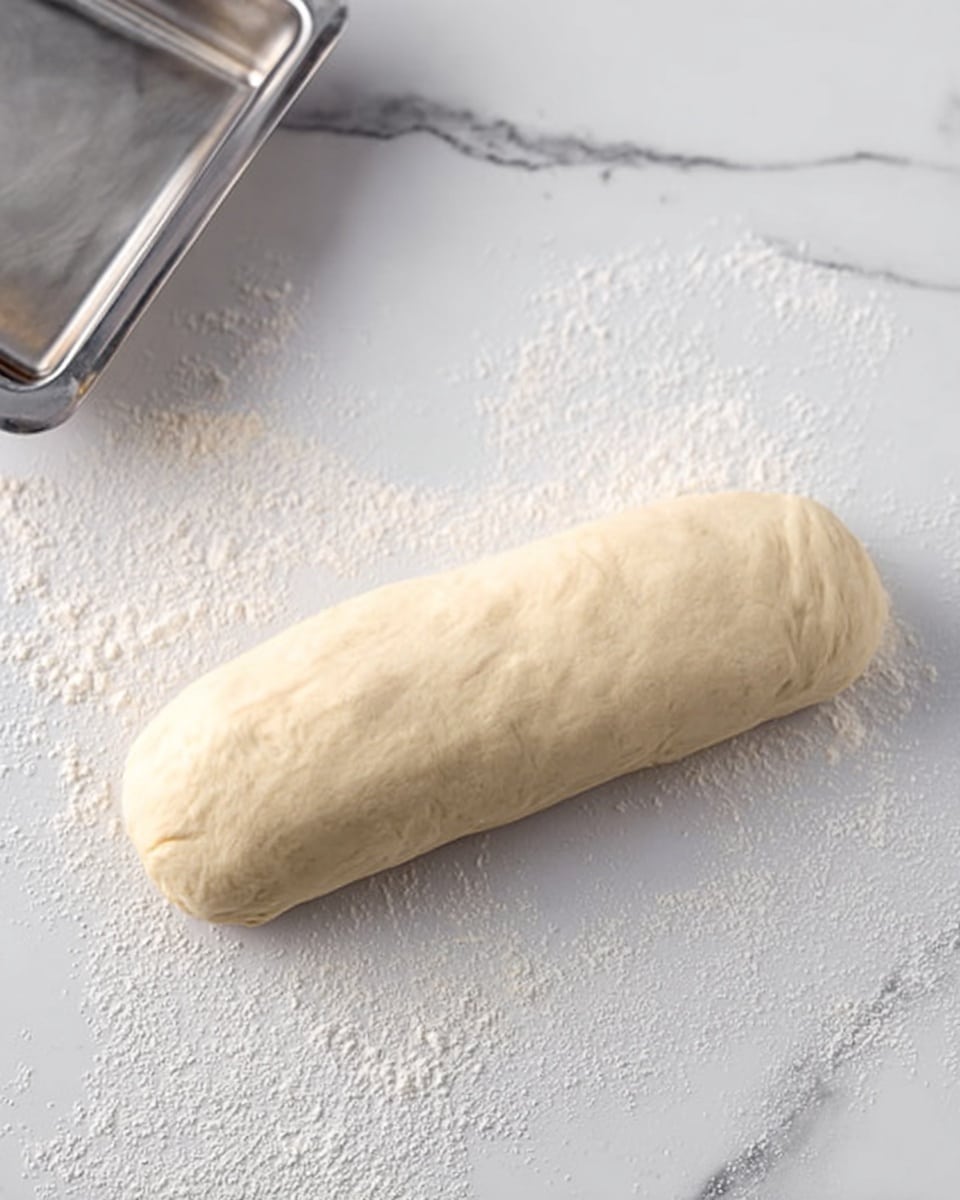 There is one smooth, pale beige dough roll placed horizontally on a white marbled surface lightly dusted with flour. On the left side of the image, a shiny silver metal baking tray is partially visible, with its edge close to the dough. The dough looks soft and slightly stretched with no toppings or decorations, and the background is simple and clean with the white marbled texture. Photo taken with an iphone --ar 4:5 --v 7