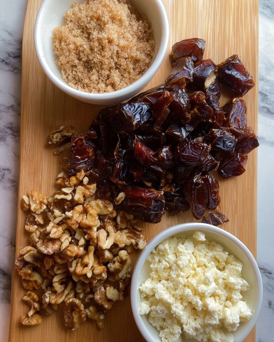 The image shows a wooden board with a pile of chopped dark brown dates in the center, their shiny, sticky texture clearly visible. Below the dates is a handful of light brown chopped walnuts with a rough texture. On the left side, there is a white bowl filled with light tan crumbly brown sugar, and on the right side, a white bowl holds an off-white crumbly cheese. The background behind the board has a white marbled texture. photo taken with an iphone --ar 4:5 --v 7