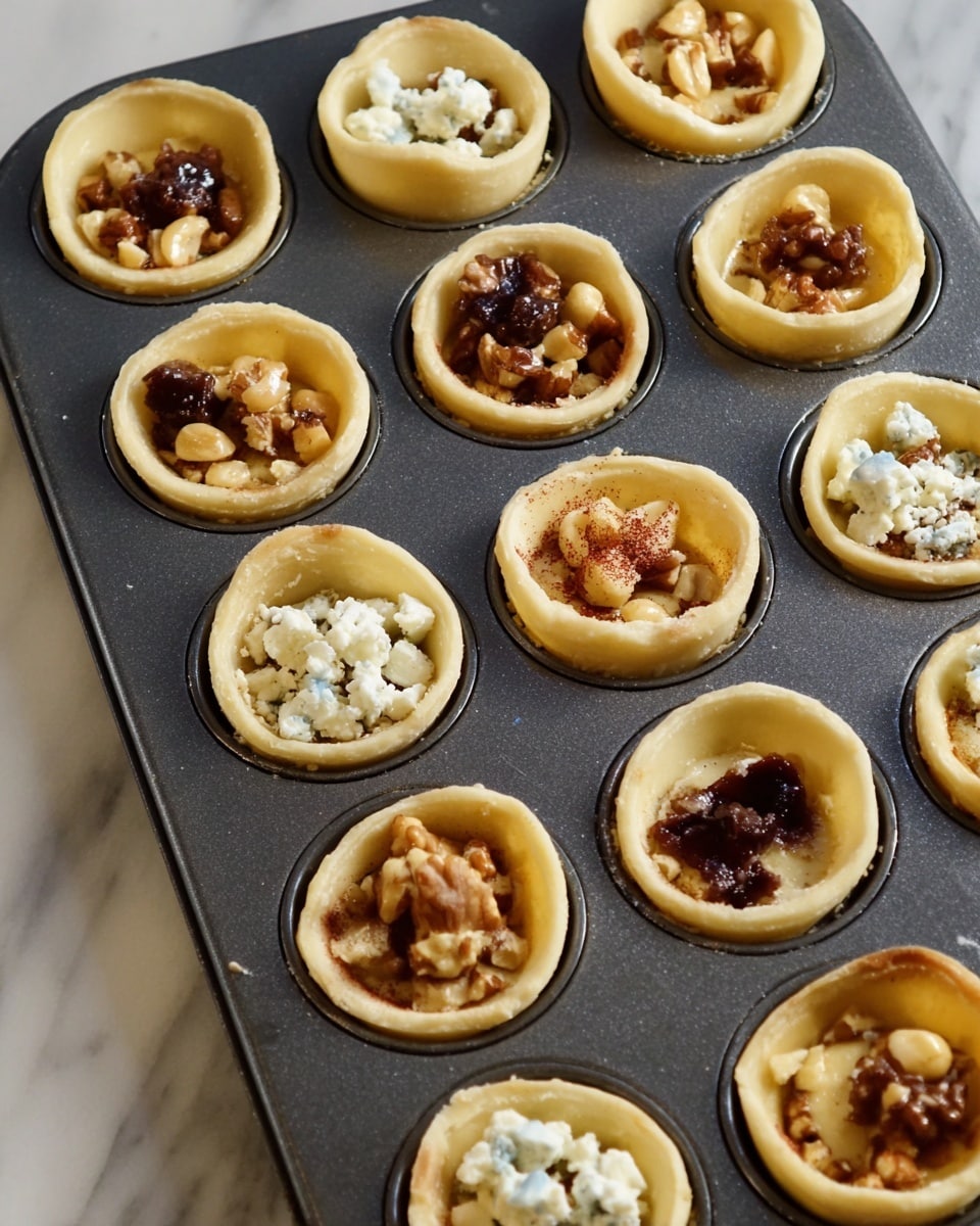 A dark metal muffin tray holds 15 small tart shells made of pale yellow dough. Each tart shell is filled differently, with several filled with chopped light brown nuts, some with a dark brown paste topped with small white cheese crumbles, and others with dark chunks sprinkled with reddish-brown powder. The tart shells have slightly raised edges, forming shallow cups. The tray is set on a white marbled surface. photo taken with an iphone --ar 4:5 --v 7