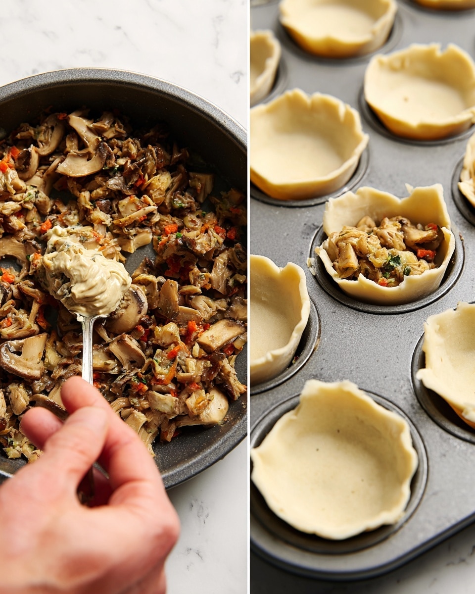 The image shows seven small, golden-brown pies with a flaky crust sitting on a thick, rustic wooden board. Each pie has a round top layer with a small hole in the center, letting you see some dark filling inside, and a small green herb garnish on top. The pies have crimped edges, and two small pastry shapes resembling acorns are placed beside the pies on the board. Around the board, there are light beige mushrooms, green herbs, and a small open tin of coarse salt on a white marbled surface. The light is soft, making the crusts look crispy and inviting. photo taken with an iphone --ar 4:5 --v 7