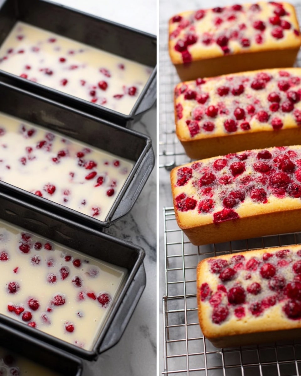 The image shows two stages of making small rectangular berry cakes. On the left side, there are three black baking pans filled with pale batter dotted with red berries, placed on a white marbled surface. The batter looks creamy with scattered red berries visible just under the surface. On the right side, there are three small rectangular cakes cooling on a metal rack. Each cake has a light golden top layer with many red berries baked into the surface, creating a bright and textured look. The cakes have smooth sides and appear soft and moist. Photo taken with an iphone --ar 4:5 --v 7
