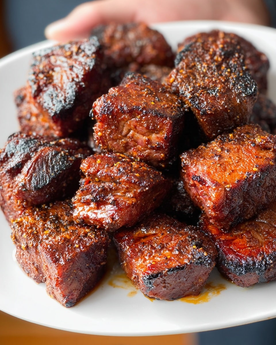 A close-up view of several thick, dark brown grilled meat cubes arranged closely together on a white plate. The cubes have a slightly shiny, oily surface with char marks and a textured, spicy rub coating that gives a rough appearance. Some meat pieces show darker charred edges while others reveal a deep reddish-brown color with glistening spots of oil. The white marbled surface underneath adds contrast, highlighting the rich colors of the meat. A woman's hand is holding the white plate from the bottom corner. photo taken with an iphone --ar 4:5 --v 7