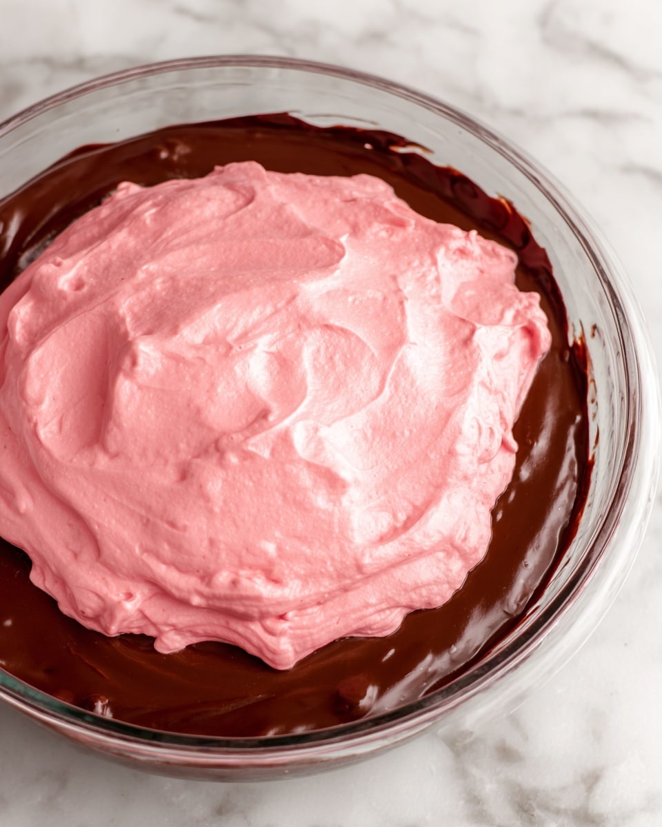 The image shows a clear glass bowl with two layers of dessert inside. The bottom layer is smooth and shiny dark chocolate, filling the bowl evenly and resting near the edges. The top layer is thick, fluffy, and light pink in color, with a soft, whipped texture that looks creamy and airy. The pink layer sits on top of the chocolate, covering it completely. The bowl is placed on a white marbled surface. photo taken with an iphone --ar 4:5 --v 7