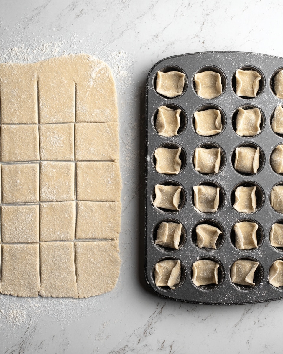 The image shows two parts side by side on a white marbled surface. On the left, there is a rolled-out sheet of dough, light beige in color with a dusty flour coating, divided into 24 square pieces by cut lines forming 4 rows and 6 columns. On the right, there is a dark gray mini muffin tin filled with 24 small dough squares, each folded over and pinched on the edges to form mini pockets, with a slightly uneven texture and flour dust on top. The whole setup looks clean and ready for baking, photo taken with an iphone --ar 4:5 --v 7