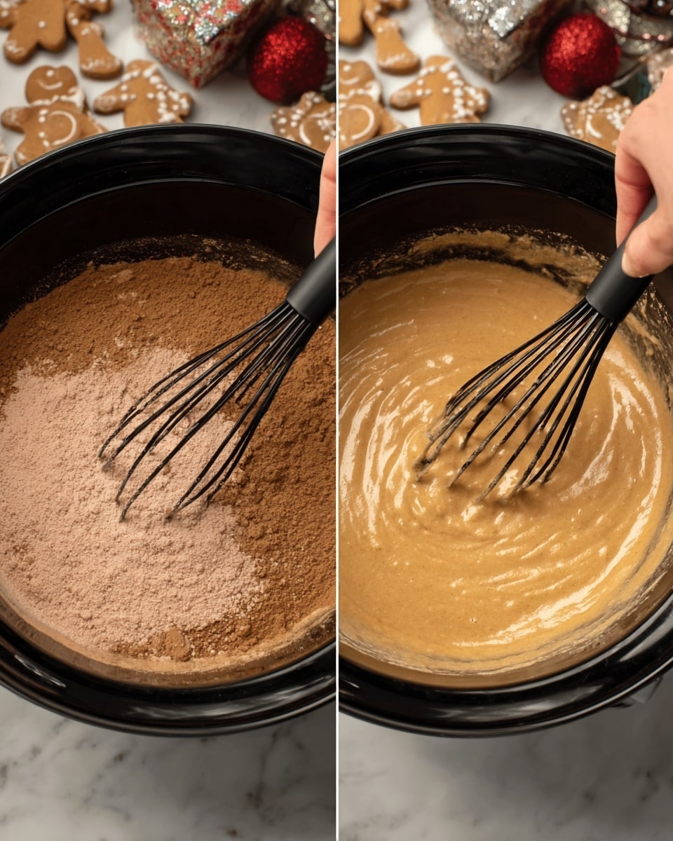 A clear glass mug with a white handle and a snowman design holds a thick brown hot chocolate filled three-quarters full. On top is a tall, fluffy pile of white whipped cream sprinkled with small red, green, and white Christmas-themed sprinkles. A golden-brown cookie shaped like a Christmas tree is placed on the right side, standing in the whipped cream. A woman's hand with light pink nails holds the mug by the handle. The background shows a soft warm light and blurry holiday decorations on a white marbled surface. Photo taken with an iphone --ar 4:5 --v 7