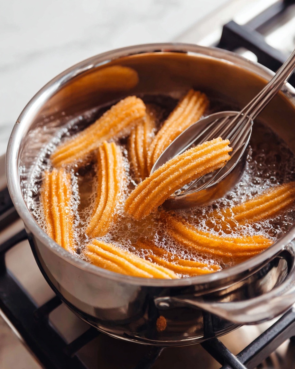 A shiny stainless steel pot filled with bubbling hot oil holds several light golden churros with ridged, elongated shapes, arranged in a circular pattern. One churro is lifted out of the oil by a large metal slotted spoon with a thin handle. The background shows a stainless steel stovetop with black grates, all resting on a white marbled surface. The light highlights the smooth, ridged texture and warm color of the churros, creating a sense of freshness and warmth photo taken with an iphone --ar 4:5 --v 7