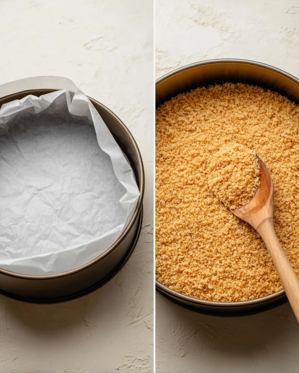 The first image shows a round metal baking pan lined with smooth, white parchment paper that fits perfectly inside, covering the circular bottom evenly. The second image shows the same round metal pan filled to the top with an even layer of fine, crumbly, golden-brown crumbs, with a wooden spoon resting on the crumbs, spreading slightly into the layer. The background is a white marbled texture photo taken with an iphone --ar 4:5 --v 7