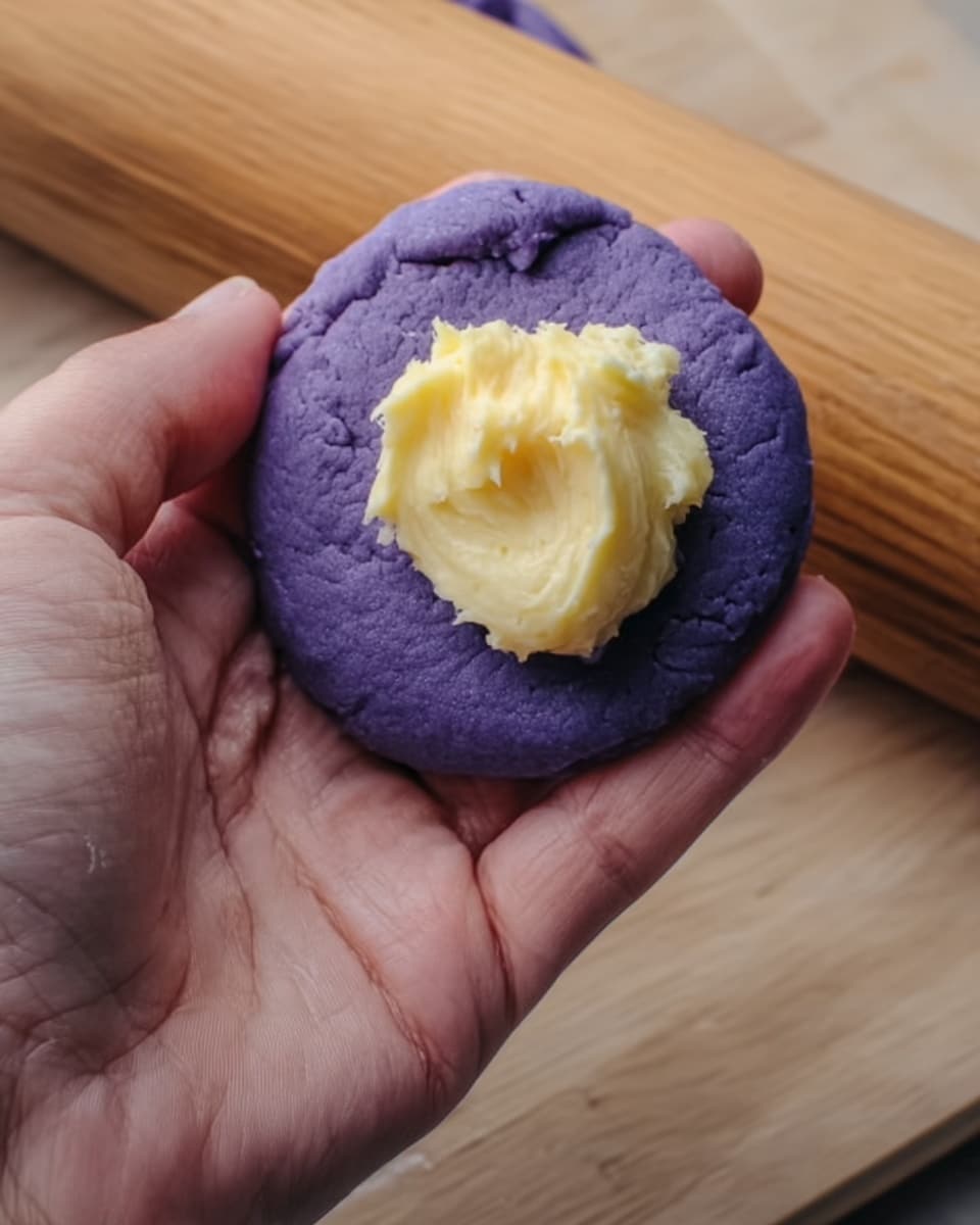 The image shows purple buns with a soft and fluffy texture placed on a white marbled surface. In the front, one bun is split in half to reveal a creamy, light yellow custard filling inside. The purple dough looks moist and slightly dense, while the same type of whole buns sits in the background, showcasing a smooth, round top with a light dusting of white flour on them. There are a few crumbs scattered around the split bun, emphasizing its tender structure. photo taken with an iphone --ar 4:5 --v 7