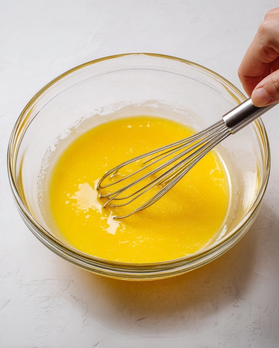 A clear glass bowl with a smooth, bright yellow liquid inside being mixed by a shiny metal whisk. The liquid looks thick and shiny, filling about one-third of the bowl, with some texture showing where the whisk is moving through it. A woman's hand is holding the whisk at the top right corner. The bowl is placed on a white marbled surface, bright and clean, with soft light reflecting gently on the glass and liquid. photo taken with an iphone --ar 4:5 --v 7
