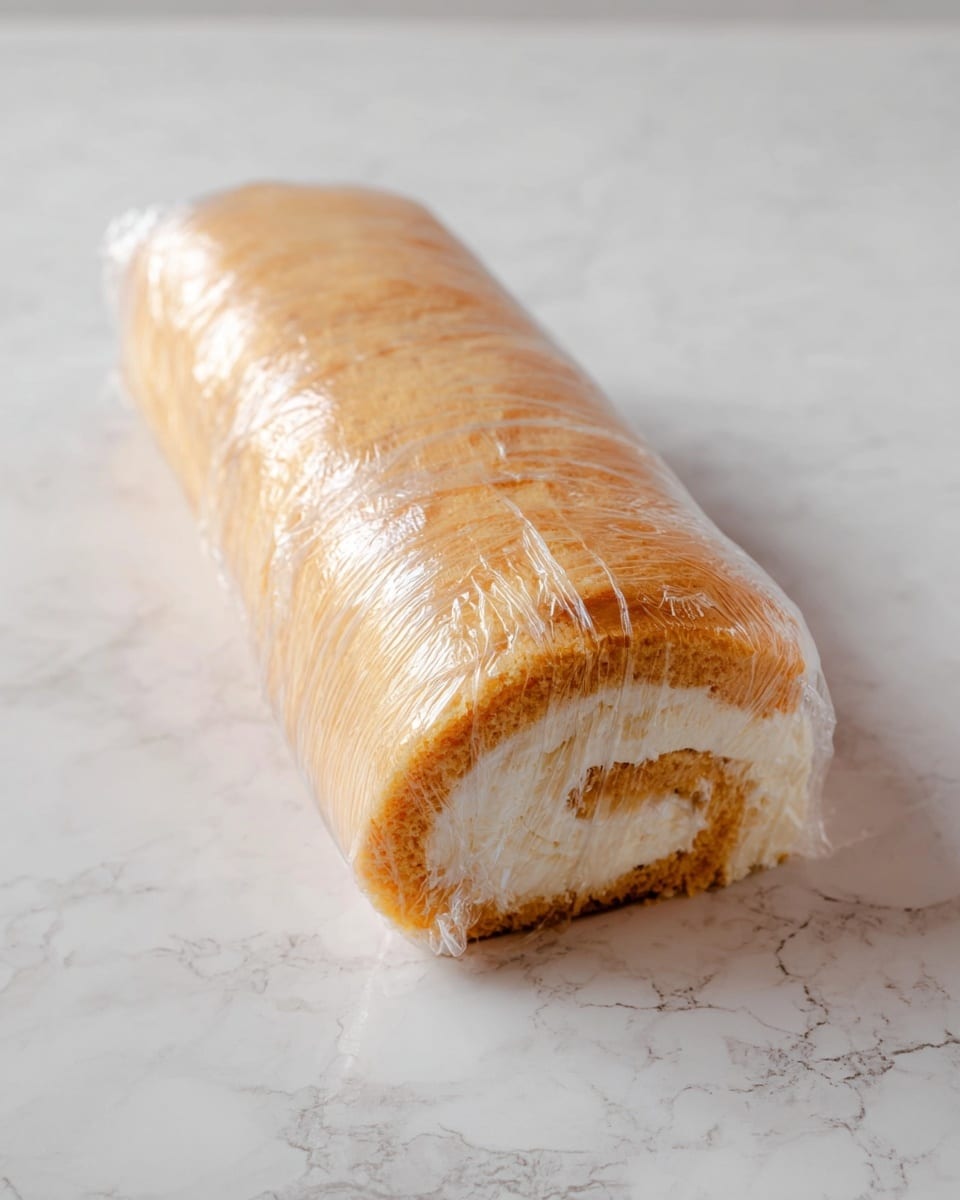 A single slice of yellow sponge roll cake is placed in the center of a white scalloped plate, dusted lightly with powdered sugar. The cake has one thick, swirled layer of soft, whipped creamy filling inside, rolled tightly. On top of the slice, there is a swirl of white whipped cream with a fresh, red strawberry half positioned upright, showing its green leafy crown. The scene is set on a white marbled surface with a gold fork to the front left and two whole strawberries near the plate. In the blurred background, another slice of the roll cake is visible on a white scalloped plate. photo taken with an iphone --ar 4:5 --v 7