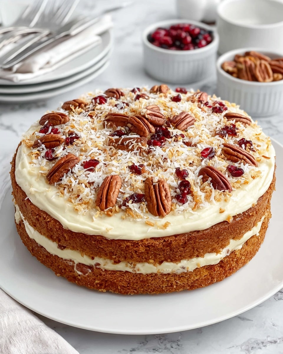 This is a two-layer round cake placed on a white plate. The bottom layer is light brown, with a thick white cream layer spread evenly on top. The second layer, also light brown, sits on this cream, with a similar cream layer spread over it. The top layer of cream is decorated with a ring of pecans and small red dried berries around the edge. In the center, there is a generous layer of toasted, shredded coconut, which is golden and white in color. The cake is set on a white marbled surface, and in the background, there are small white bowls filled with pecans, toasted coconut, and dried red berries. The scene has a bright and clean look, with folded white napkins and silver forks visible. photo taken with an iphone --ar 4:5 --v 7