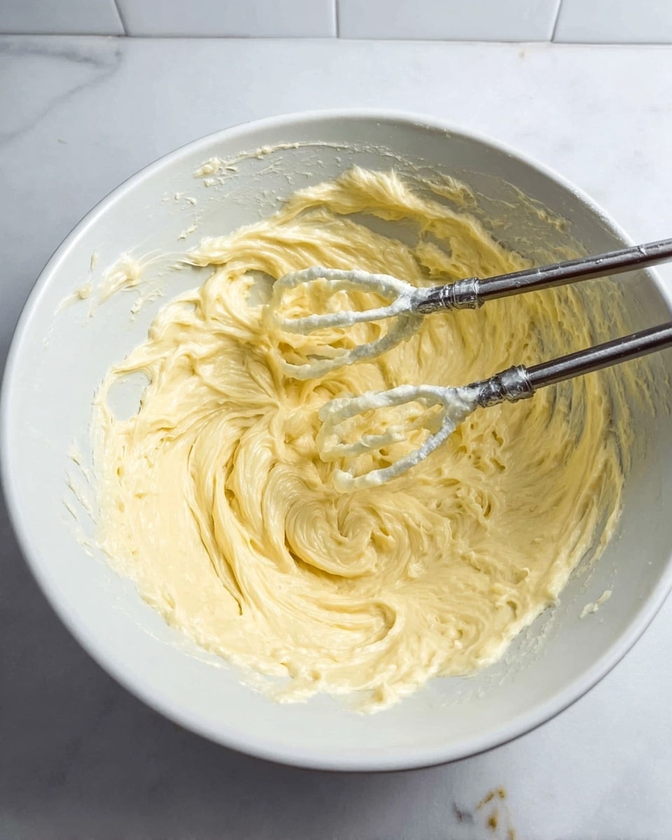 A white bowl holds a thick, creamy pale yellow mixture with a light, fluffy texture. Two metal beaters coated with the same mixture rest inside the bowl, catching the light and casting soft reflections. The bowl sits on a white marbled surface, and some texture of the creamy mix shows swirled patterns from whipping, with small peaks and ridges visible throughout. The scene is simple and bright, focused on the smooth yet textured mixture. photo taken with an iphone --ar 4:5 --v 7
