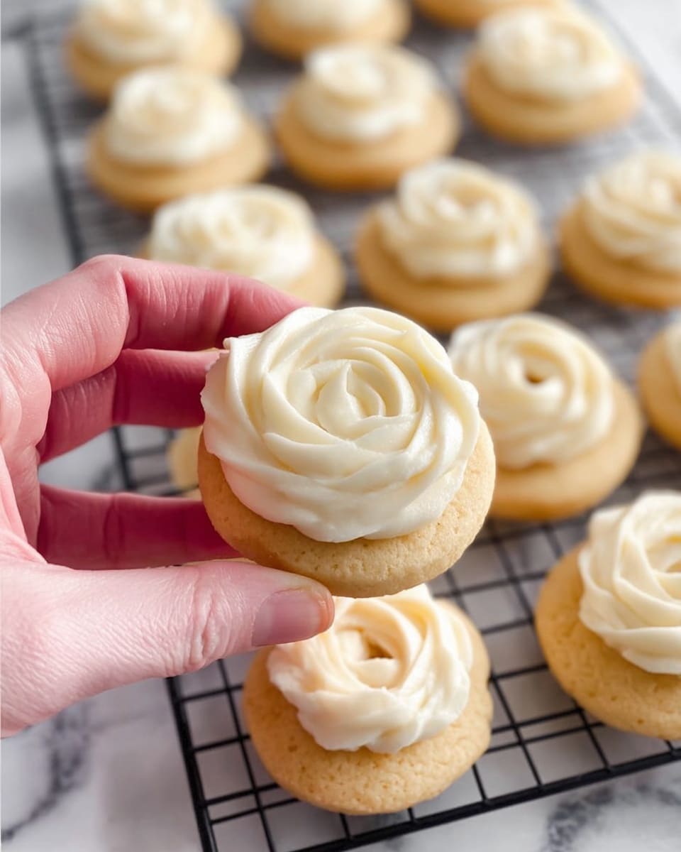A woman's hand holds one small round cookie with a light golden base and a thick layer of creamy white frosting shaped like a rose on top. Below the held cookie, several other round cookies with the same golden base are topped with the same rose-shaped white frosting. Behind these, rows of plain round cookies with small round indentations in the center are arranged in neat lines on a black cooling rack. All cookies have a soft, smooth texture and the background is a white marbled surface. Photo taken with an iphone --ar 4:5 --v 7