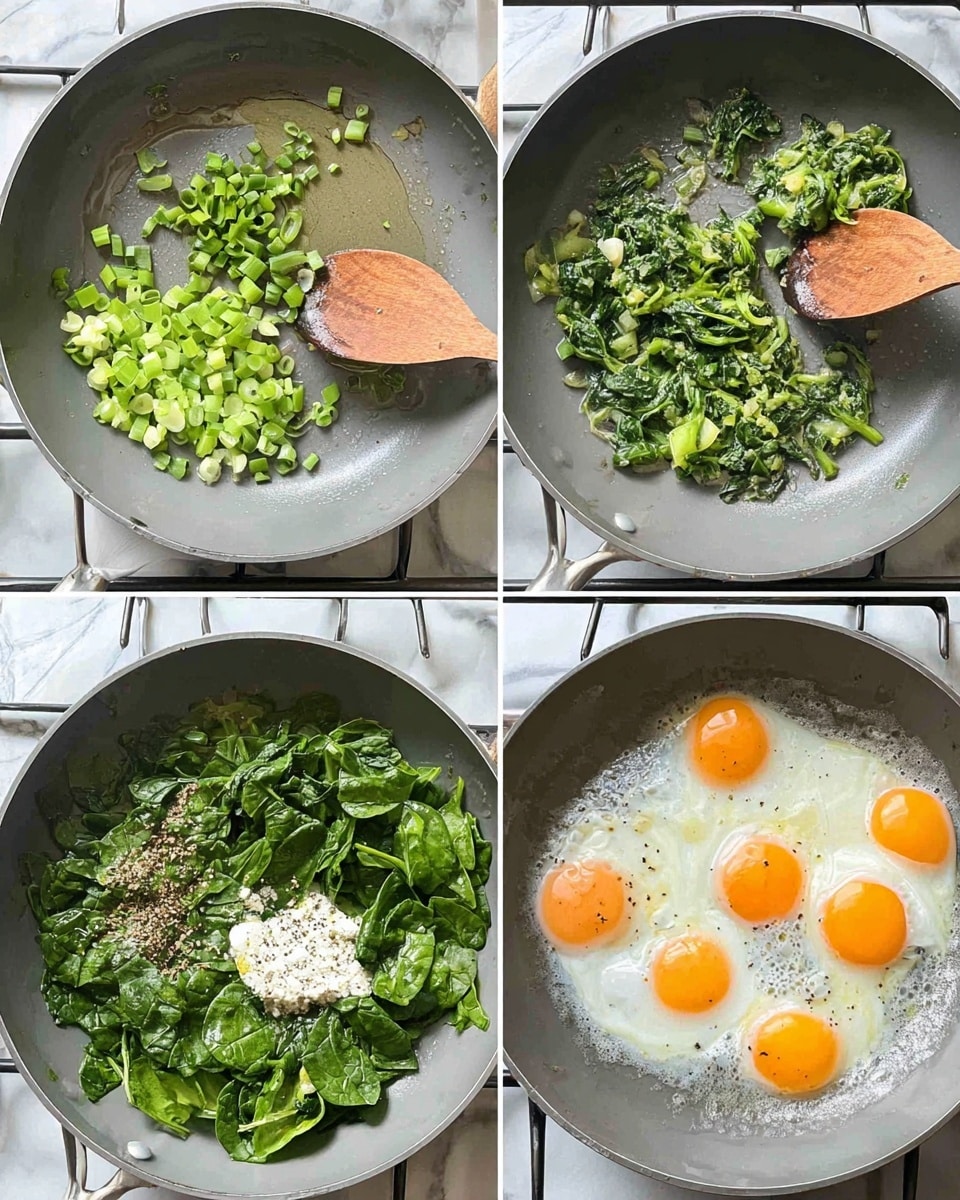 A collage of four cooking stages in a gray pan on a stove with a white marbled surface. In the first stage, small chopped green onions are scattered and sizzling with oil in the pan, with a wooden spoon resting on the side. In the second stage, fresh bright green spinach leaves cover the pan's bottom, with the wooden spoon still inside. In the third stage, the spinach is wilted, darker green, and mixed with black pepper, and a dollop of white creamy cheese is added on top. In the final stage, four raw eggs with bright orange yolks are cracked over the spinach and cheese mixture, with the white starting to set around the edges while still runny near the yolks, and the wooden spoon remains on the side. Photo taken with an iphone --ar 4:5 --v 7