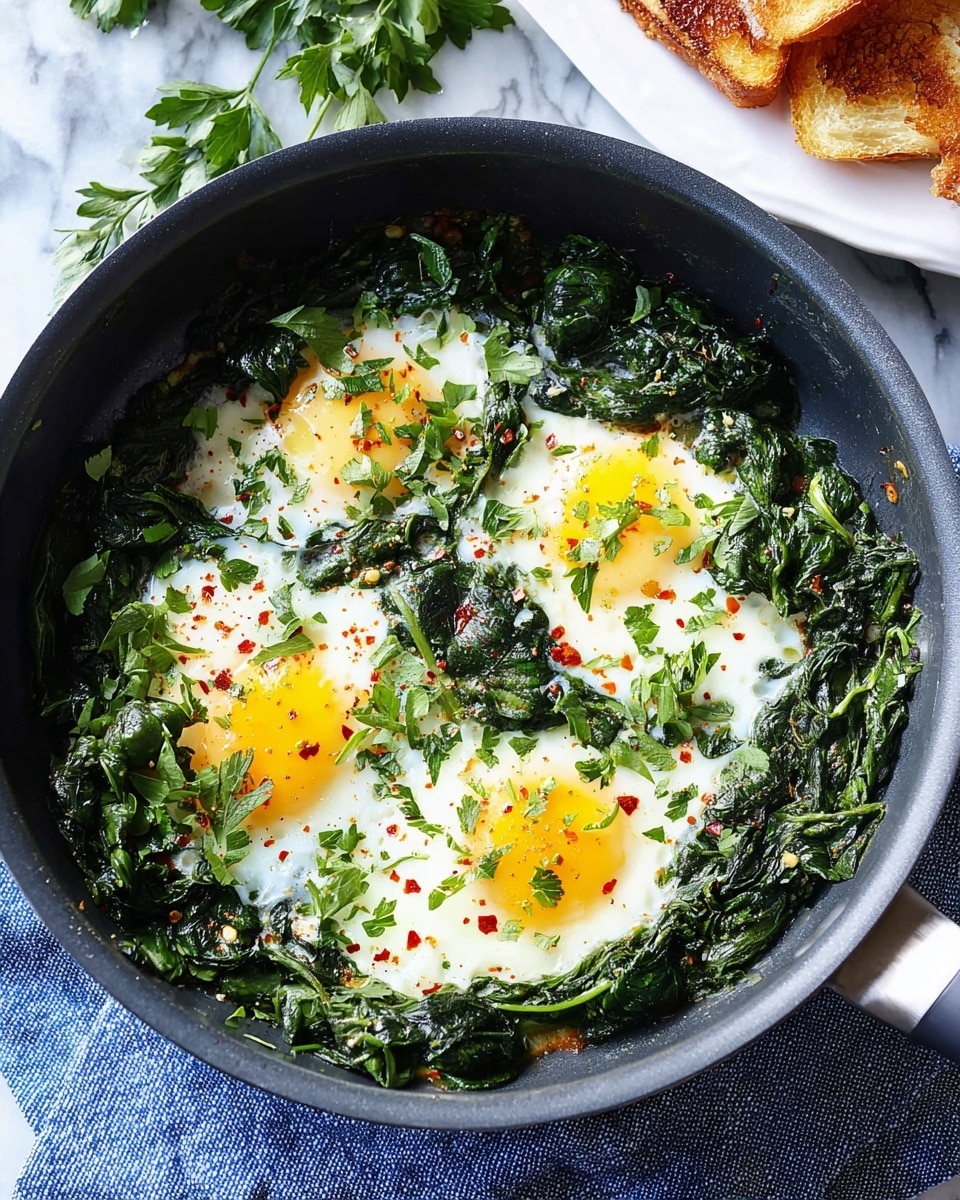 A black pan holds a dish with three cooked eggs on top of a bed of cooked dark green spinach. The eggs have bright yellow yolks with white edges, sprinkled lightly with red chili flakes and finely chopped green parsley. The spinach looks soft and slightly wet, filling the pan around the eggs. The pan is sitting on a blue cloth on a white marbled surface. In the upper right corner, part of a white plate with golden brown toasted bread slices is visible. photo taken with an iphone --ar 4:5 --v 7