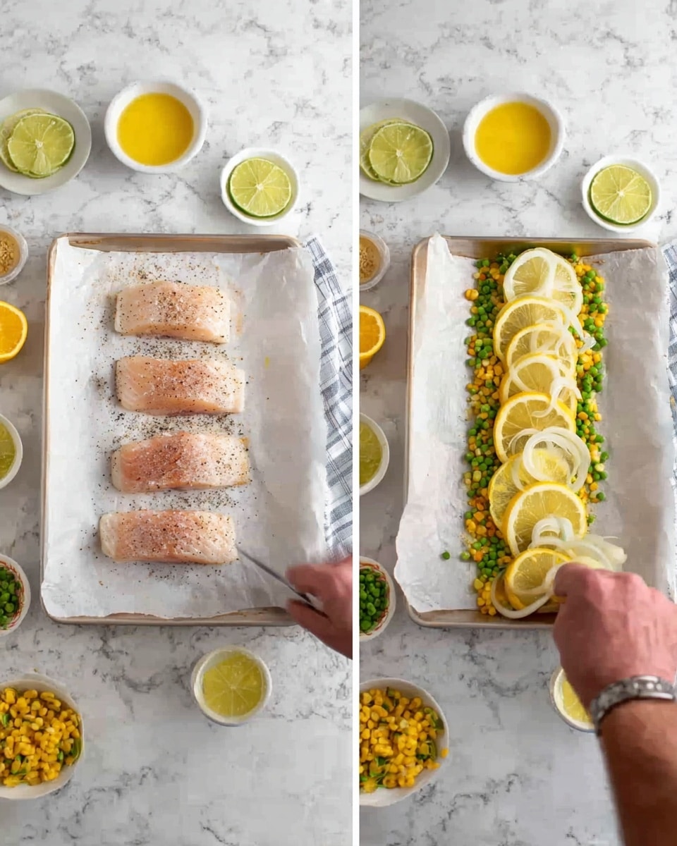 A white plate with a piece of white fish on parchment paper rests on a white marbled surface. The fish is topped and surrounded with two slices of yellow lemon, small dark green capers, and chopped green herbs, with some thin red chili pieces and yellow corn kernels underneath. A silver fork is gently touching the fish, with a woman's hand likely holding it out of frame. The fish looks soft and lightly seasoned with black pepper, and there is some light sauce pooling around it. photo taken with an iphone --ar 4:5 --v 7