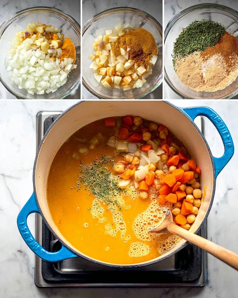 A close-up view of a ladle holding thick, yellow-orange soup filled with chunks of soft potatoes, small shrimp, and red pieces of bell pepper, all mixed with green herbs scattered throughout. The soup has a smooth, slightly shiny texture with visible seasoning specks. The ladle is held above a pot of the same soup, which shows a consistent golden-yellow broth with flecks of green herbs floating on the surface. The pot is blue and sits on a white marbled surface. Photo taken with an iphone --ar 4:5 --v 7