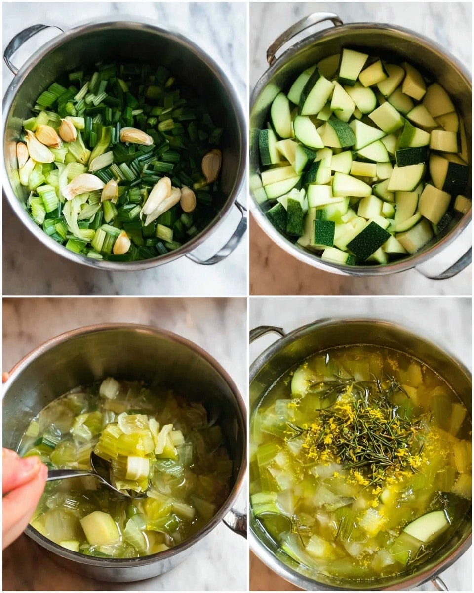 The image is a four-part collage showing the cooking steps in a shiny silver pot placed on a white marbled surface. In the top left part, there are green chopped vegetables and garlic cloves layered closely together in the pot. The top right shows the vegetables now cut into larger pieces and mixed with liquid inside the pot, the green and white pieces floating in clear broth. The bottom left part shows a woman's hand holding a fork stirring the larger vegetable pieces, which are partly submerged in the liquid. In the bottom right, the pot contains the cooked vegetables with added zest and green herbs sitting on top, floating in the broth. The overall colors are shades of green, white, and yellow with a shiny metal pot reflecting light. photo taken with an iphone --ar 4:5 --v 7