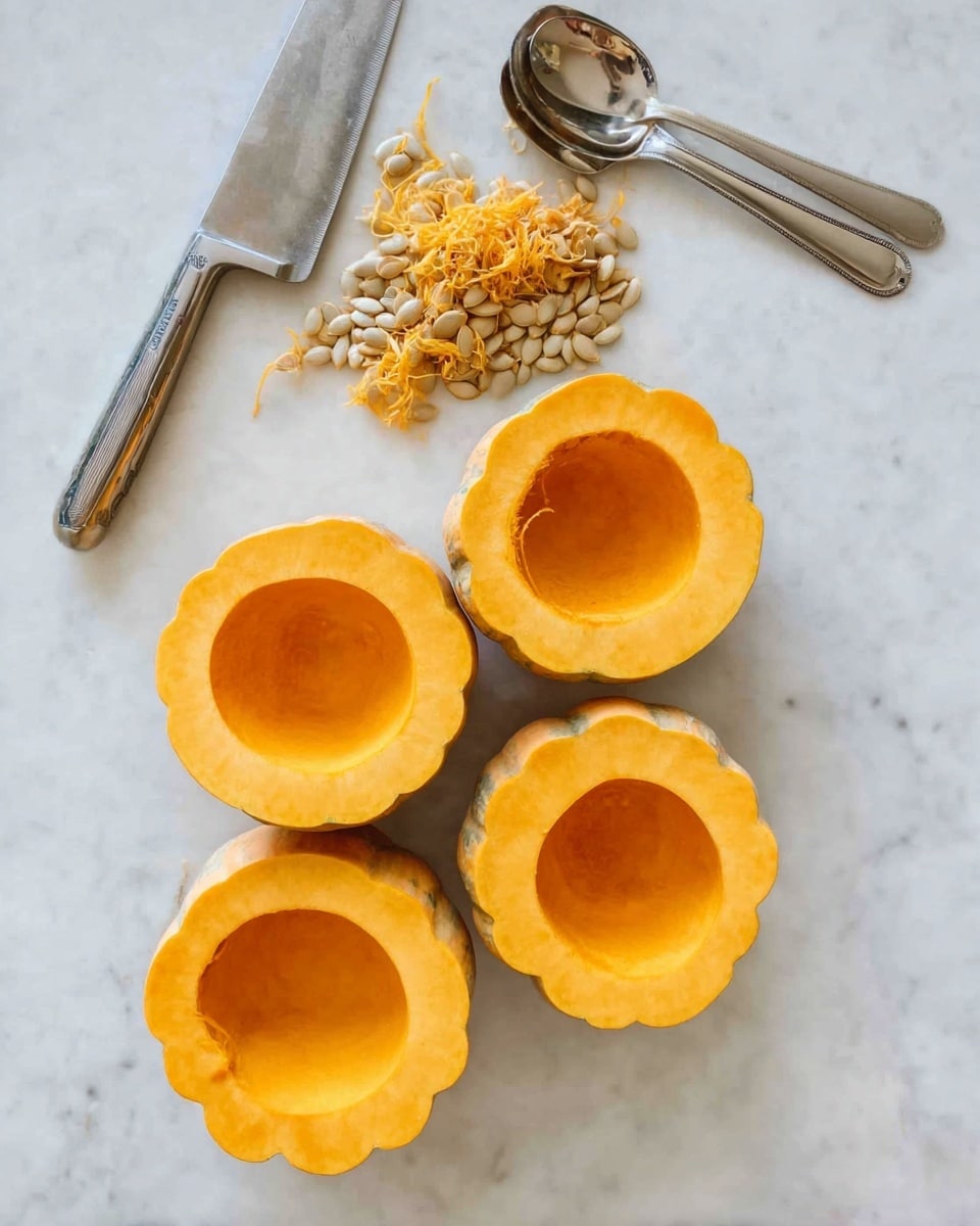The image shows four rings of bright orange squash arranged neatly in a small group on a white marbled surface. Above the squash, there is a pile of light beige seeds and stringy bits from the inside of the squash. To the top left of the squash rings, there is a large silver knife and a silver spoon lying flat on the surface. The overall scene is simple with a focus on the fresh squash pieces and the clean white marbled background. photo taken with an iphone --ar 4:5 --v 7