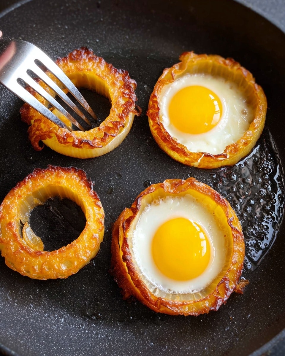 The image shows four round onion rings cooking in a black pan on the left side, with golden brown edges and slightly soft centers. A silver fork is gently pressing one of the onion rings from the side. On the right side, there are two onion rings with cooked sunny-side-up eggs inside their centers; the egg whites are slightly spread and cooked around the rings, while the yolks are bright yellow and shiny. The pan surface is black with a bit of oil reflection. photo taken with an iphone --ar 4:5 --v 7