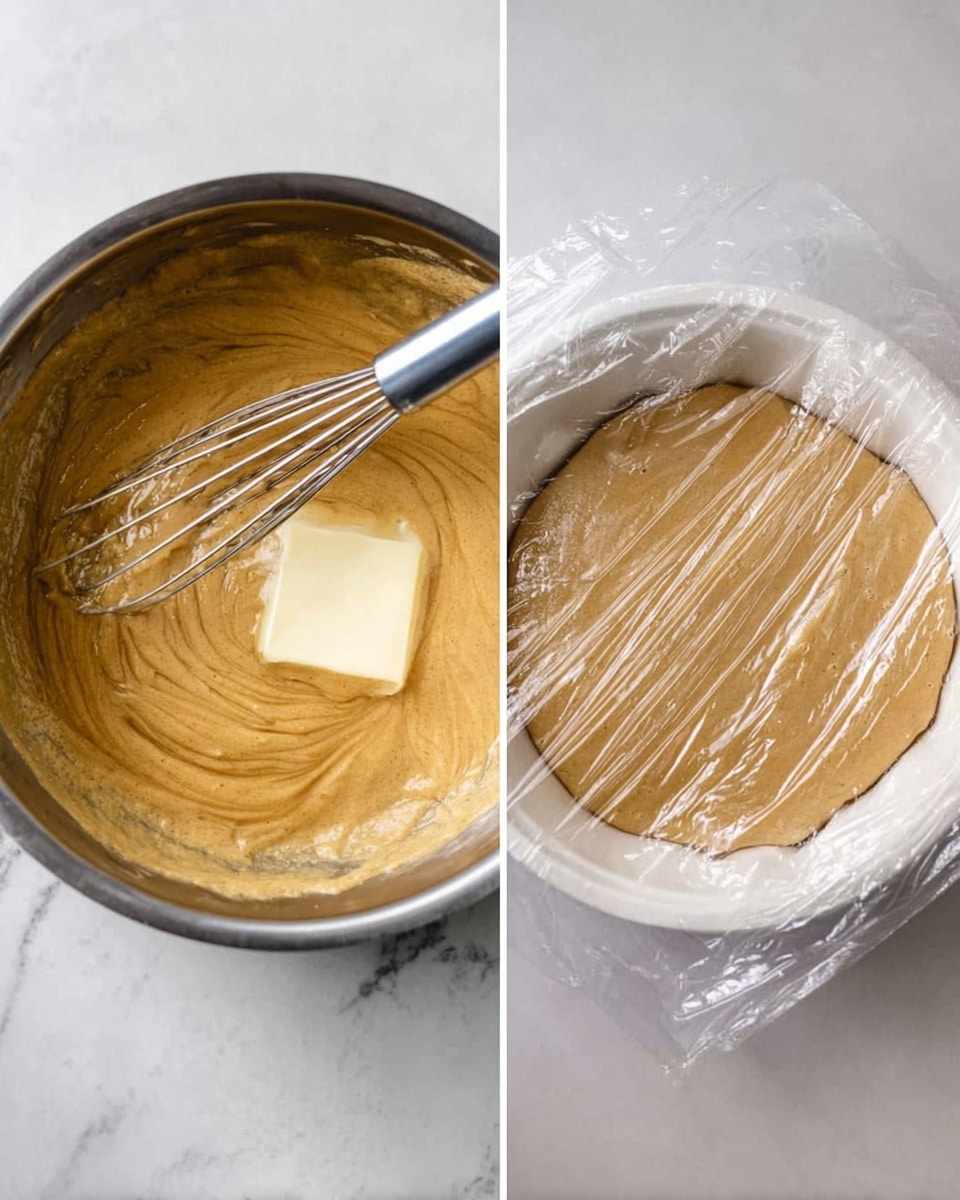 The image shows two side-by-side views of a baking process. On the left, a silver pan holds a light brown batter mixture with a slice of butter melting in the center and a metal whisk resting inside. The texture of the batter looks soft and creamy, swirling around the butter. On the right, a round white bowl is covered with clear plastic wrap, containing light brown dough that appears smooth and slightly wrinkled on the surface. Both are placed on a white marbled surface. photo taken with an iphone --ar 4:5 --v 7