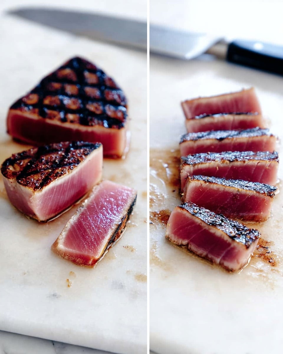 Two pieces of seared tuna sit on a white marbled cutting board, each with a dark brown, almost black, charred crust on top and pink raw inside showing below. The left piece is whole with grill marks on the top, while the right piece is cut into five thick slices, each showing the bright pink fresh center and the seared outer edges. A silver knife lays behind the sliced tuna with juice stains on the white marbled surface photo taken with an iphone --ar 4:5 --v 7