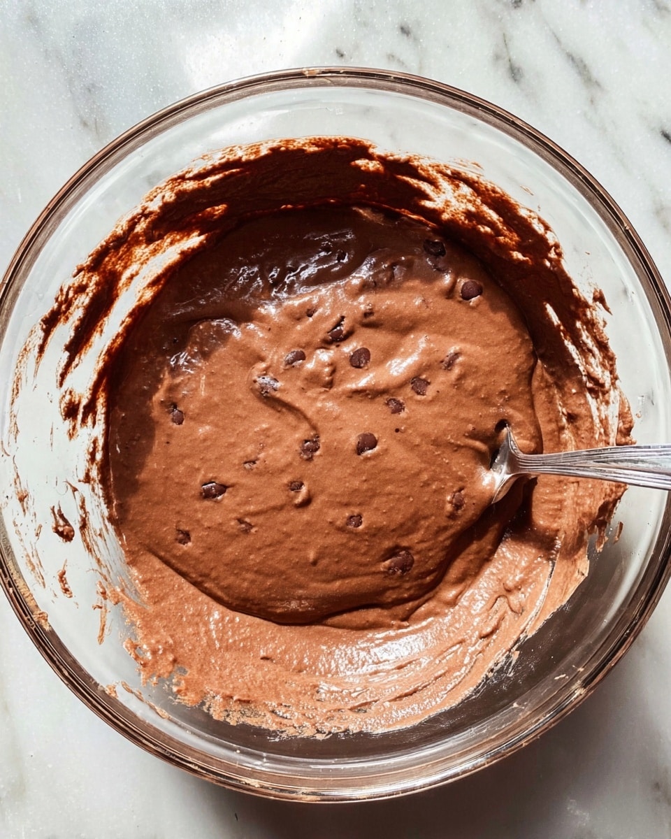 A clear glass bowl filled with smooth, thick chocolate batter that has a few small dark spots, with some batter spread thinly on the inner edges of the bowl. A silver spoon is partially submerged on the right side, resting inside the batter, all set on a white marbled surface. photo taken with an iphone --ar 4:5 --v 7
