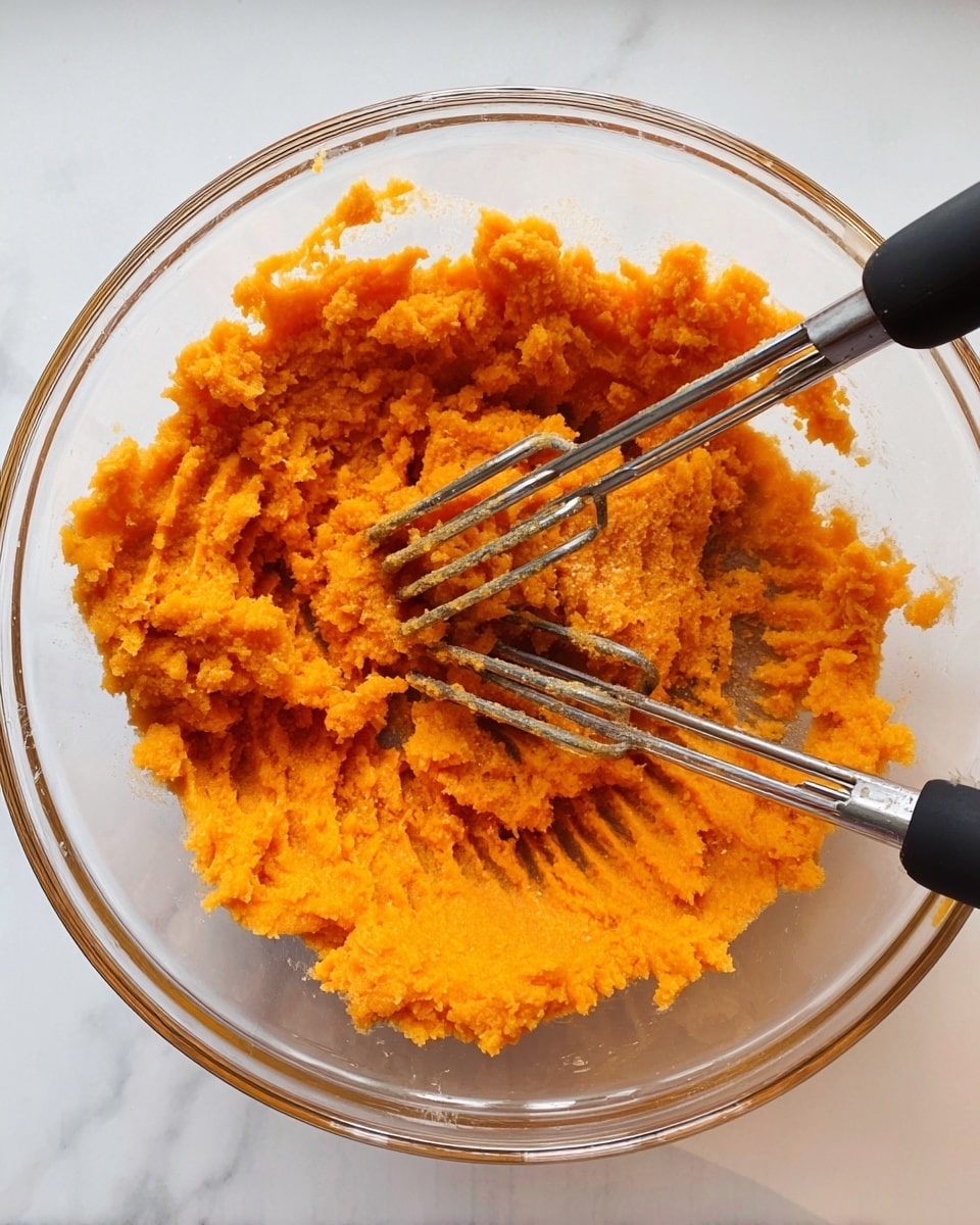 A clear glass bowl sits on a white marbled surface, filled with bright orange mashed sweet potatoes. The sweet potatoes have a soft, slightly chunky texture with visible ridges and grooves made by the metal masher resting inside the bowl. The masher has two parallel silver metal arms and a black plastic handle, partially embedded in the sweet potatoes, showing the process of mashing. Photo taken with an iphone --ar 4:5 --v 7