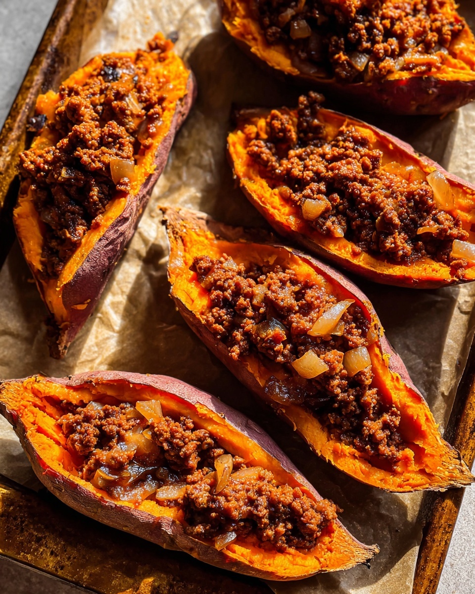 Chipotle Beef Sweet Potato Skins Recipe 5 The image shows five open sweet potato halves arranged on a baking tray with parchment paper, each filled with a layer of cooked ground meat mixed with small soft onion pieces. The sweet potato skins are rough and purple, with the orange flesh inside soft and slightly wrinkled, forming a boat shape holding the meat mixture. The meat is brown with a slightly crumbly texture and is spread evenly but not thickly inside each sweet potato half. The warm sunlight highlights the rich, earthy tones and the shiny surface of the cooked onions. photo taken with an iphone --ar 4:5 --v 7