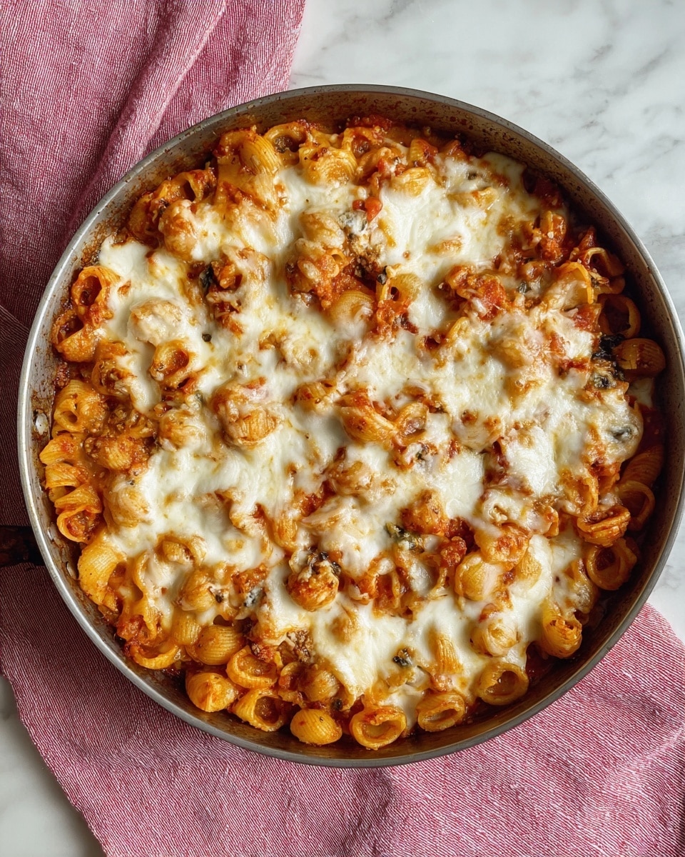 A round pan filled with baked pasta showing two main layers: a base layer of small, curved pasta shells in a rich orange-red sauce mixed with small pieces of tomato, and a top layer of melted white cheese covering most of the pasta in uneven patches, slightly browned and bubbly on the edges. The pan sits on a white marbled surface with a pink linen cloth partially visible on the top left side. photo taken with an iphone --ar 4:5 --v 7