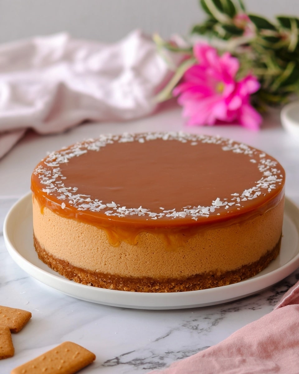 A dark round baking pan holds a thick, crumbly light brown crust pressed along the bottom and sides. A thick, smooth, creamy beige mixture is being poured into the crust center, swirling gently as it fills toward the edges. The pan sits on a white marbled surface with scattered square light brown cookies and crumbs nearby. Part of a red and white striped cloth is visible on the side. photo taken with an iphone --ar 4:5 --v 7