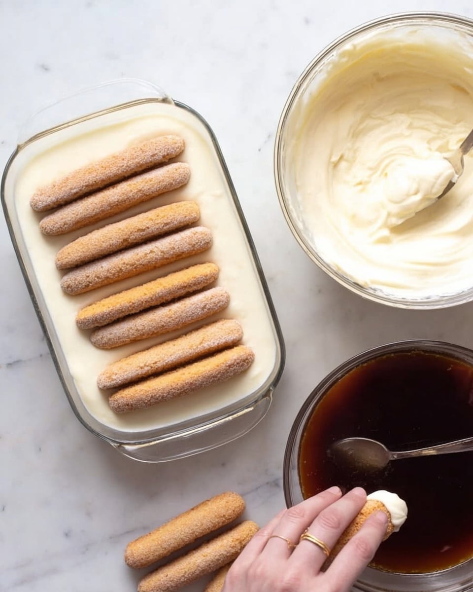 The image shows a glass dish with a smooth, creamy white layer spread evenly at the bottom. On top of this layer, five light brown ladyfinger biscuits are placed side by side in a neat row. To the right, a clear glass bowl contains more creamy white mixture with a spoon inside, sitting on a white marbled surface. Below the bowl, another glass container holds a dark brown liquid soaking one ladyfinger biscuit, being dipped by a woman's hand with a gold ring on the ring finger. Some unused ladyfinger biscuits rest on the white marbled surface near the bowl. Photo taken with an iphone --ar 4:5 --v 7