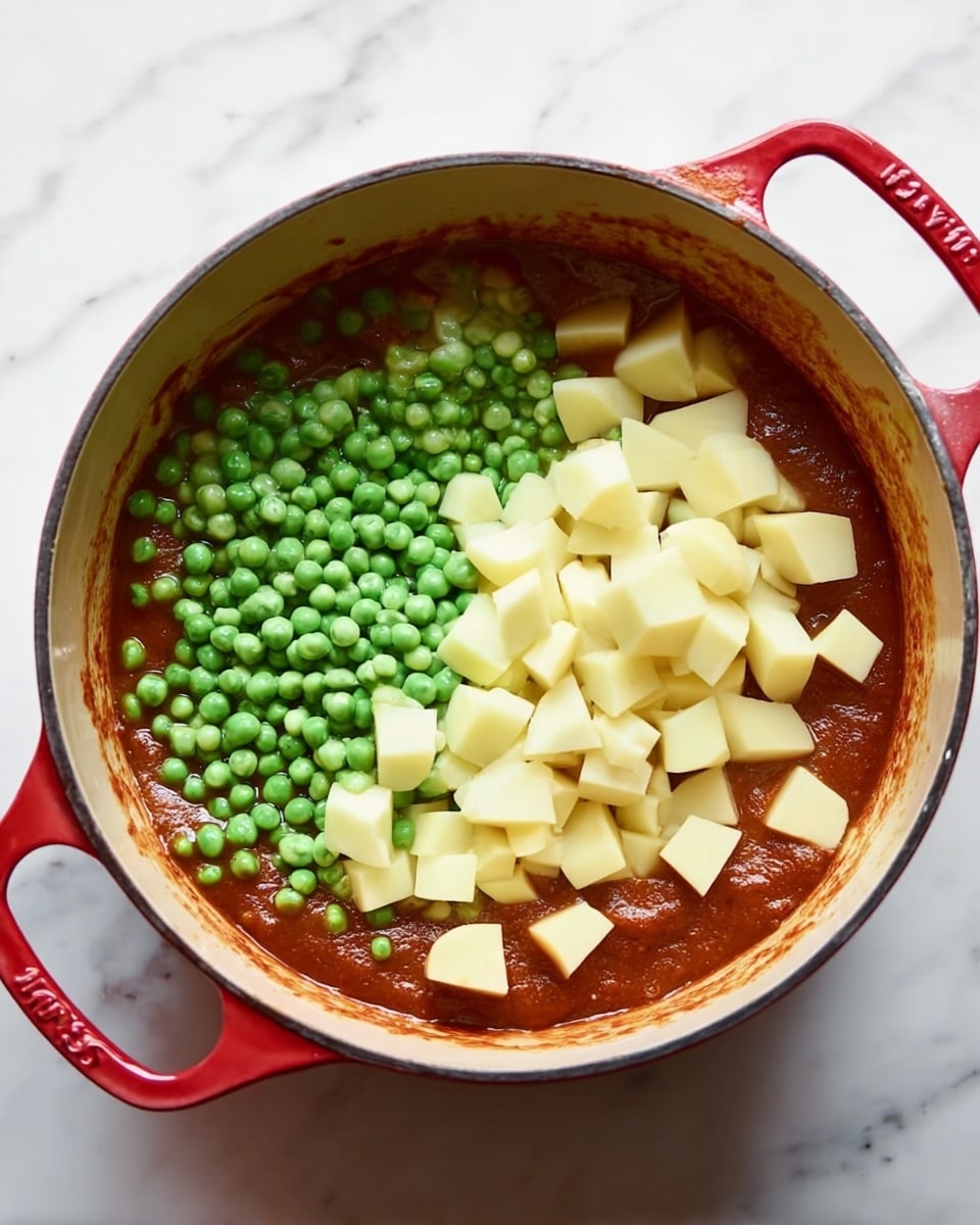 The image shows a red cooking pot with two handles, sitting on a white marbled surface. Inside the pot, there is a thick reddish-brown sauce layer at the bottom, partially visible around the edges. On top of this sauce, there is a layer of bright green peas mainly gathered on the left side, and a layer of small, pale yellow potato cubes spread mostly on the right side, covering part of the peas. The layers are distinct and fresh-looking, with a mix of smooth and textured elements visible. Photo taken with an iphone --ar 4:5 --v 7