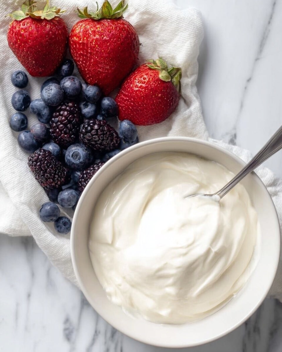 A white bowl filled with smooth, creamy white yogurt with a silver spoon resting inside it, positioned on the right side of the image. On the left side, there are fresh fruits arranged on a white cloth over a white marbled surface: four large red strawberries with green leaves on top, a handful of small round blue blueberries, and a few dark purple blackberries scattered among them. The colors contrast nicely with the white bowl and pastel background. photo taken with an iphone --ar 4:5 --v 7